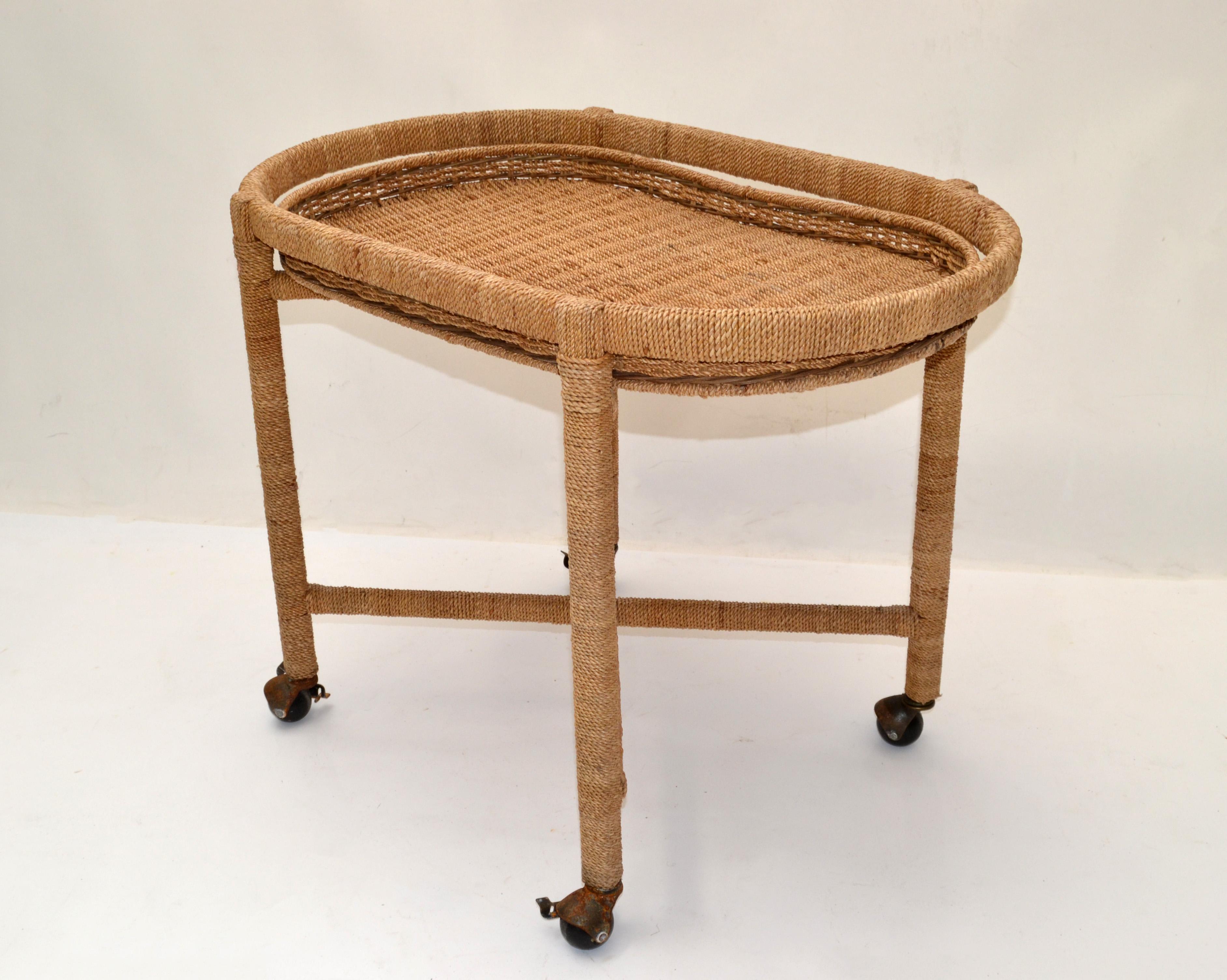 Mexican Vintage Mario Lopez Torres Style Rope Wicker Rattan Serving, Bar Cart Tray Table For Sale