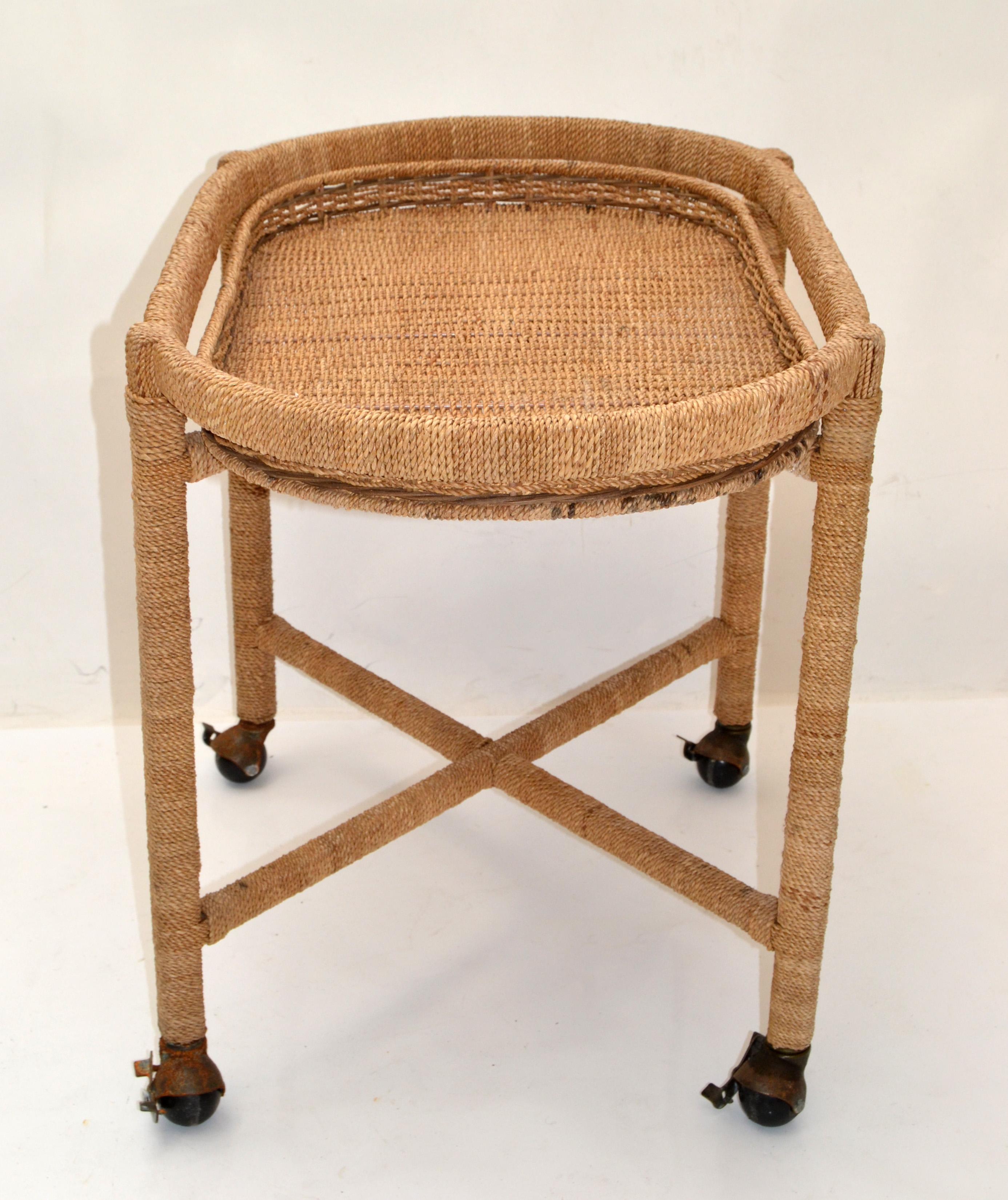 Hand-Crafted Vintage Mario Lopez Torres Style Rope Wicker Rattan Serving, Bar Cart Tray Table For Sale