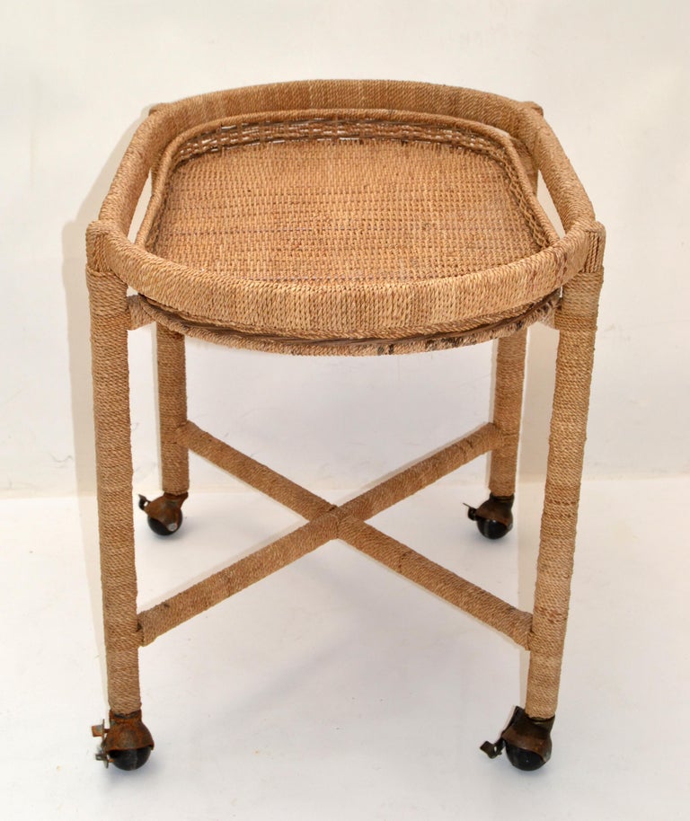 Vintage Mario Lopez Torres Style Rope Wicker Rattan Serving, Bar Cart