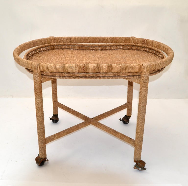 Vintage Mario Lopez Torres Style Rope Wicker Rattan Serving, Bar Cart