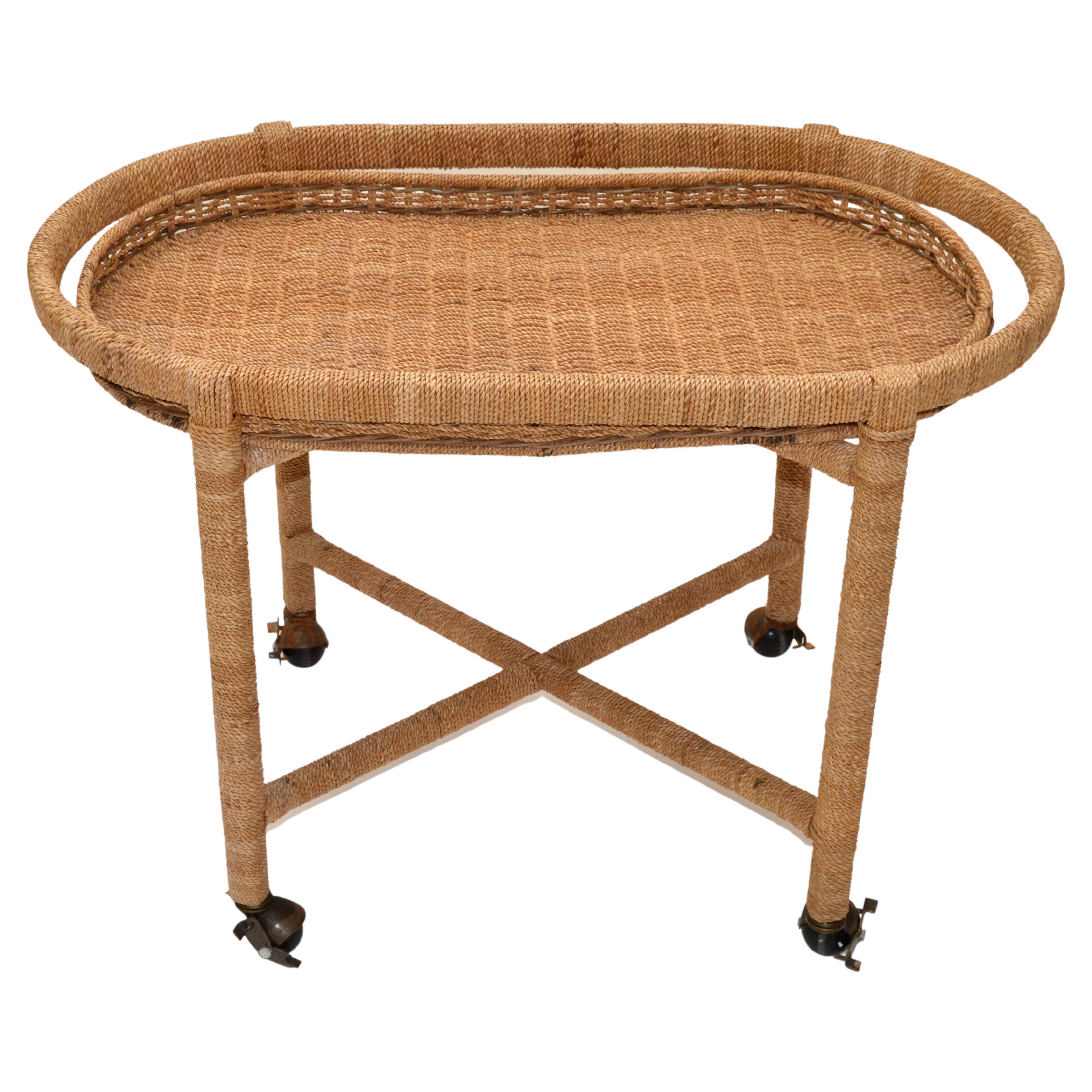 Vintage Mario Lopez Torres Style Rope Wicker Rattan Serving, Bar Cart Tray Table For Sale