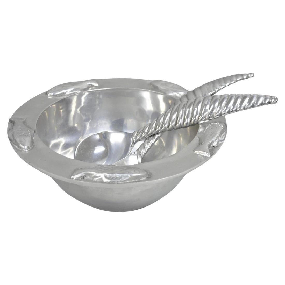 Vintage Mariposa Brillante Mid Century Modern Aluminum Fish Salad Bowl w Utensil