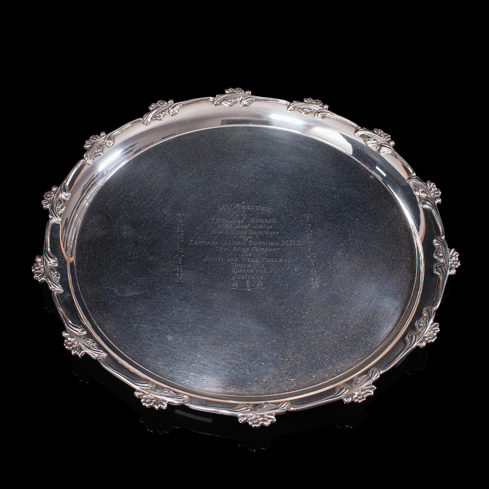 This is a vintage maritime commemorative salver. An English, silver plated display tray with personal inscription and Merchant Navy interest, dating to mid 20th century, circa 1950.

Unusual and fascinating engraving ideal for those with maritime
