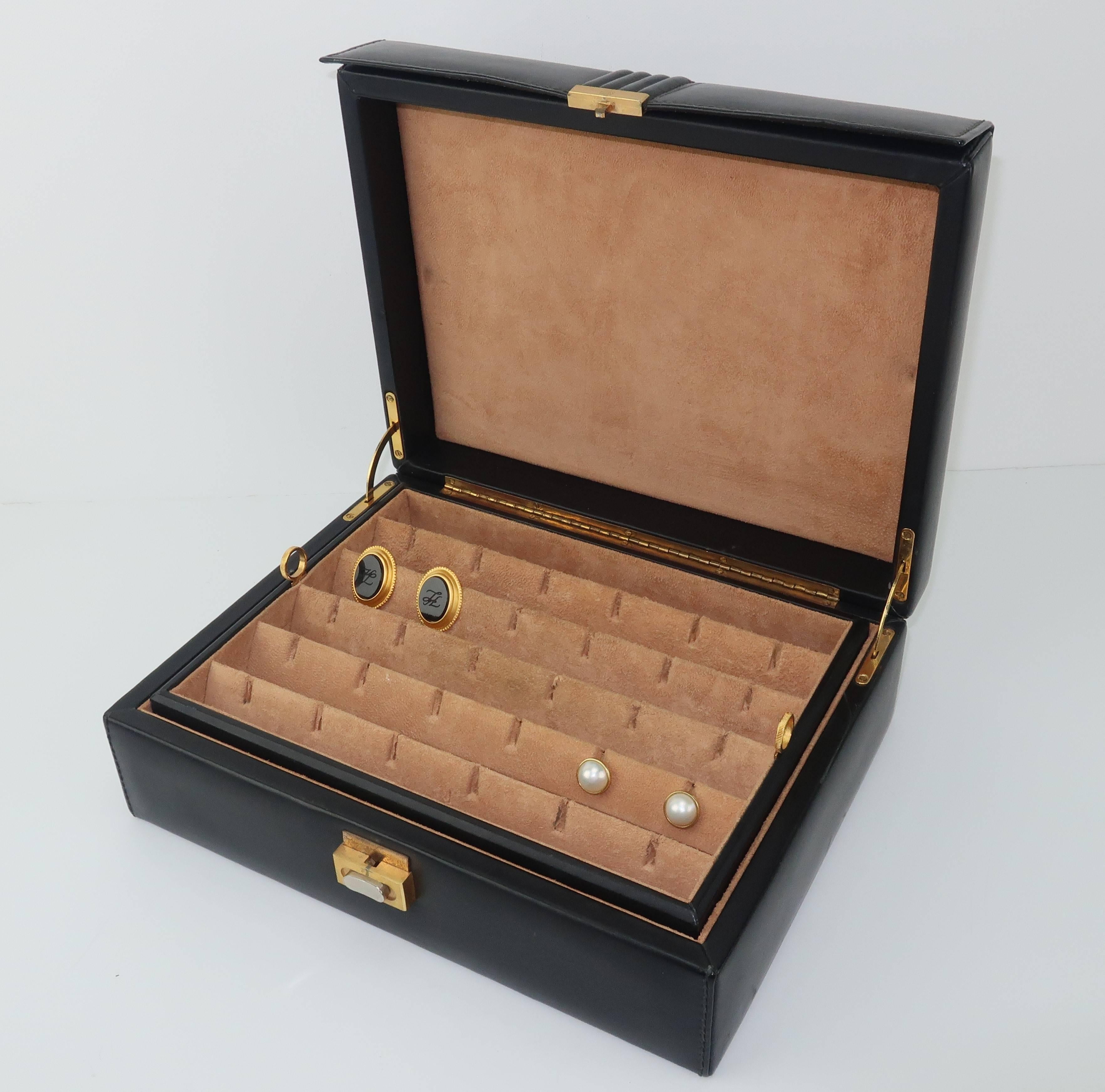 Mark Cross Vintage Black Leather Jewelry Box In Good Condition In Atlanta, GA
