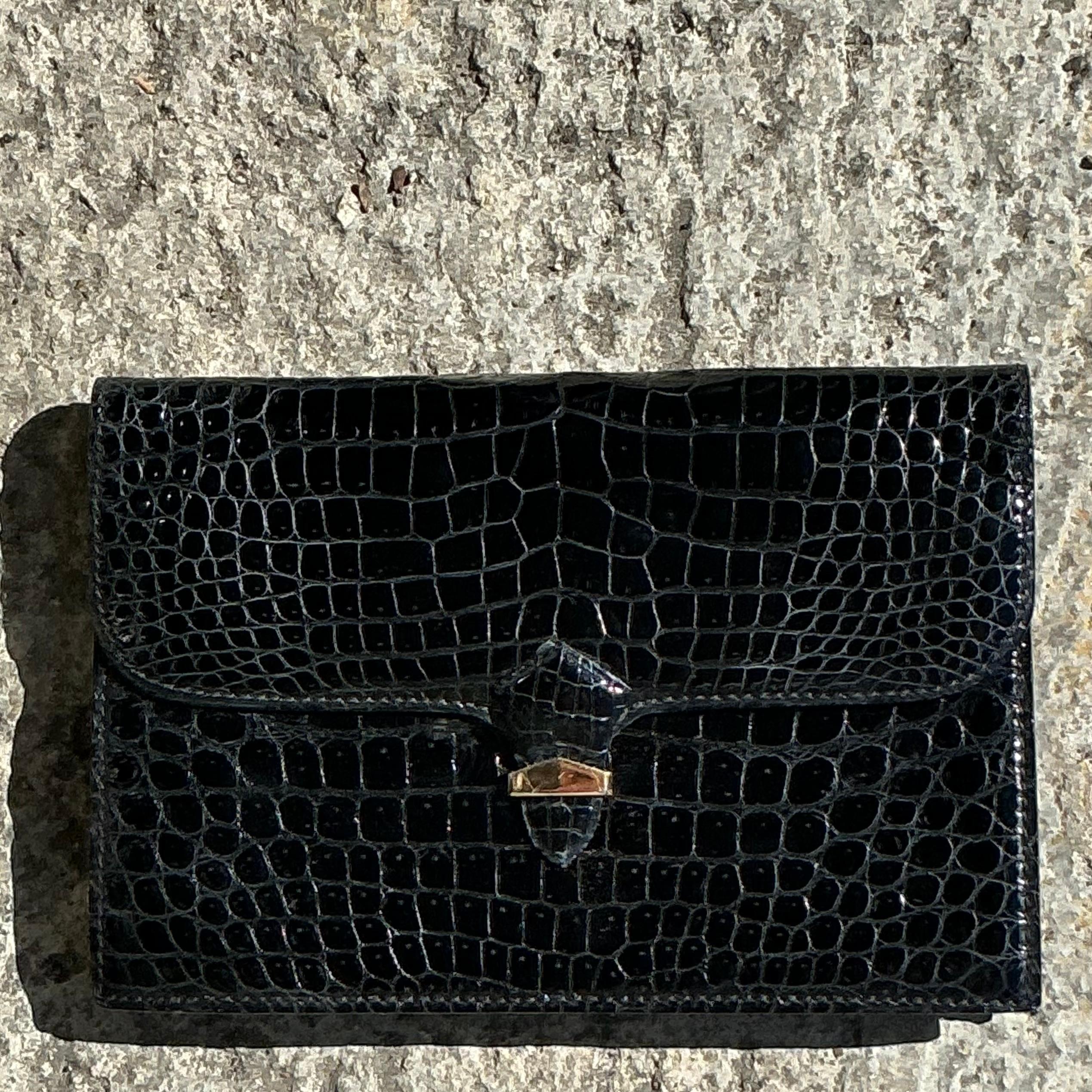 Black Vintage Mark Cross England Crocodile Clutch For Sale