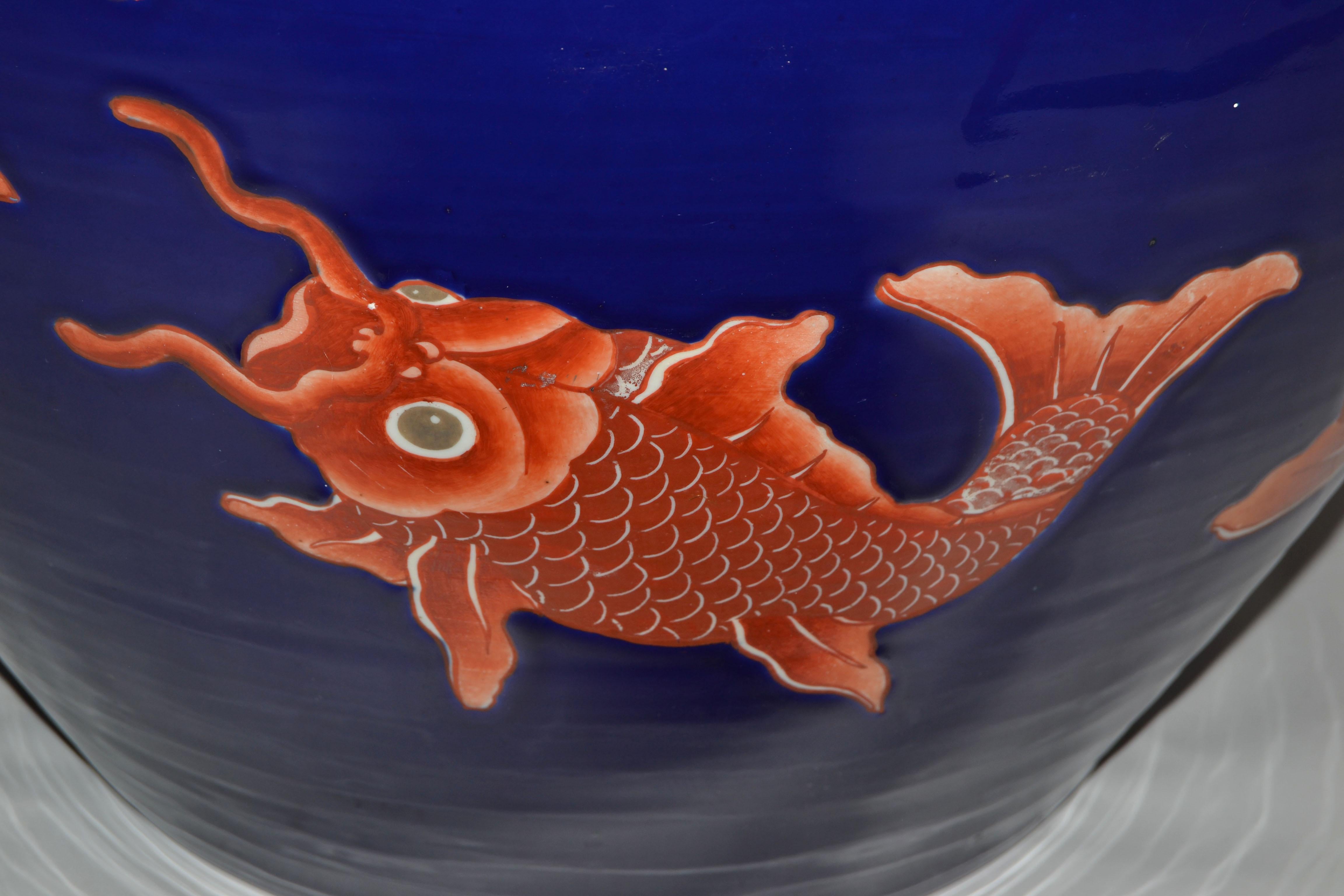 Vintage Marked Chinese Porcelain Floral Planters Blue & White Golden Koi Fish For Sale 4
