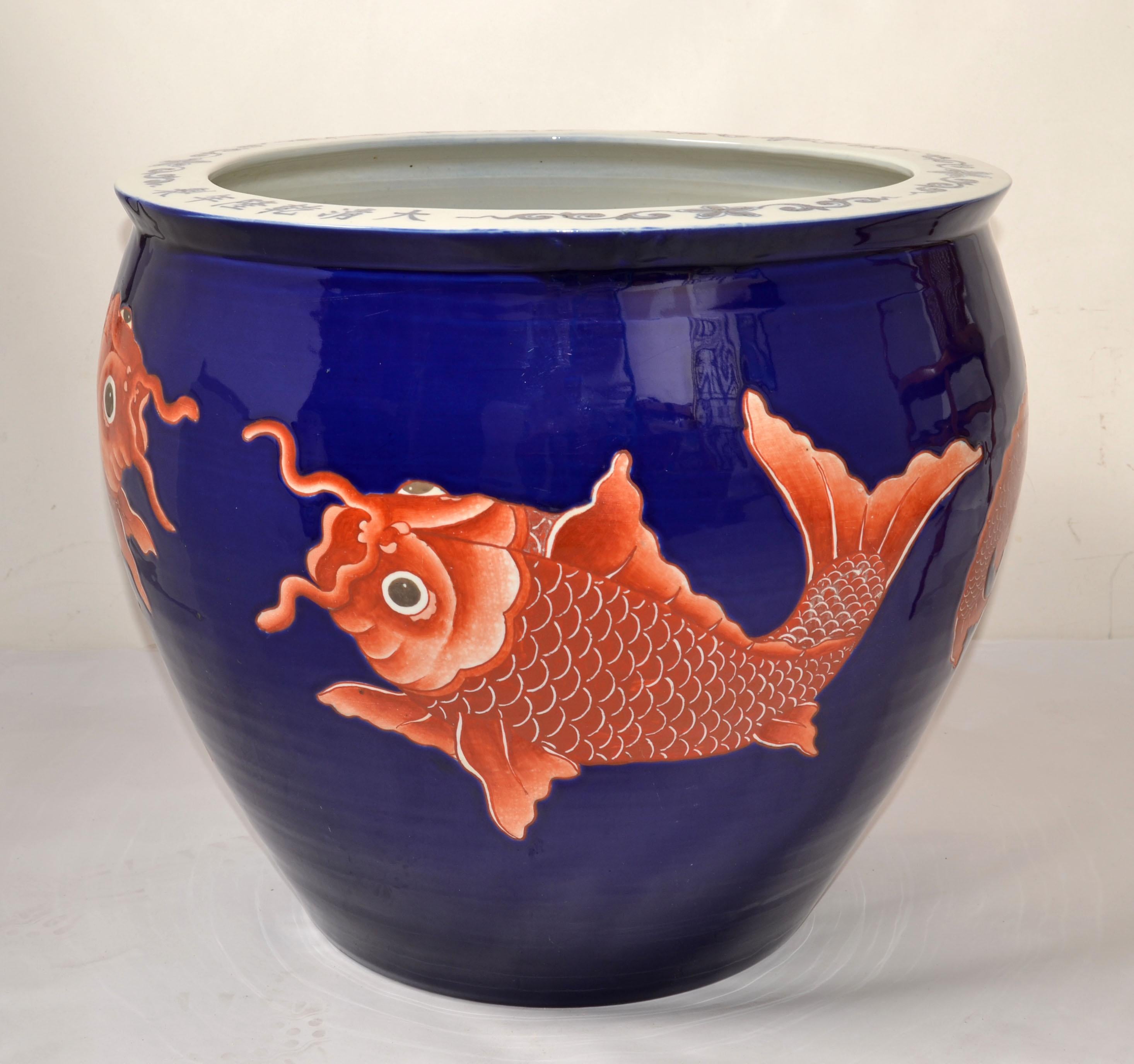 Vintage Marked Chinese Porcelain Floral Planters Blue & White Golden Koi Fish For Sale 9