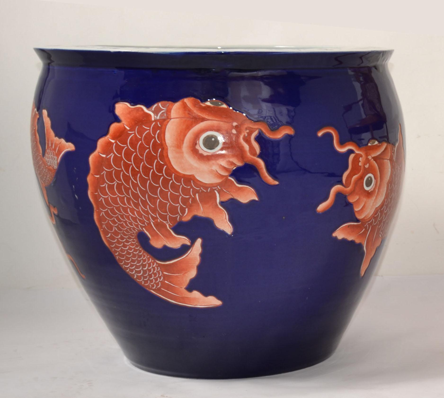 Hand-Painted Vintage Marked Chinese Porcelain Floral Planters Blue & White Golden Koi Fish For Sale