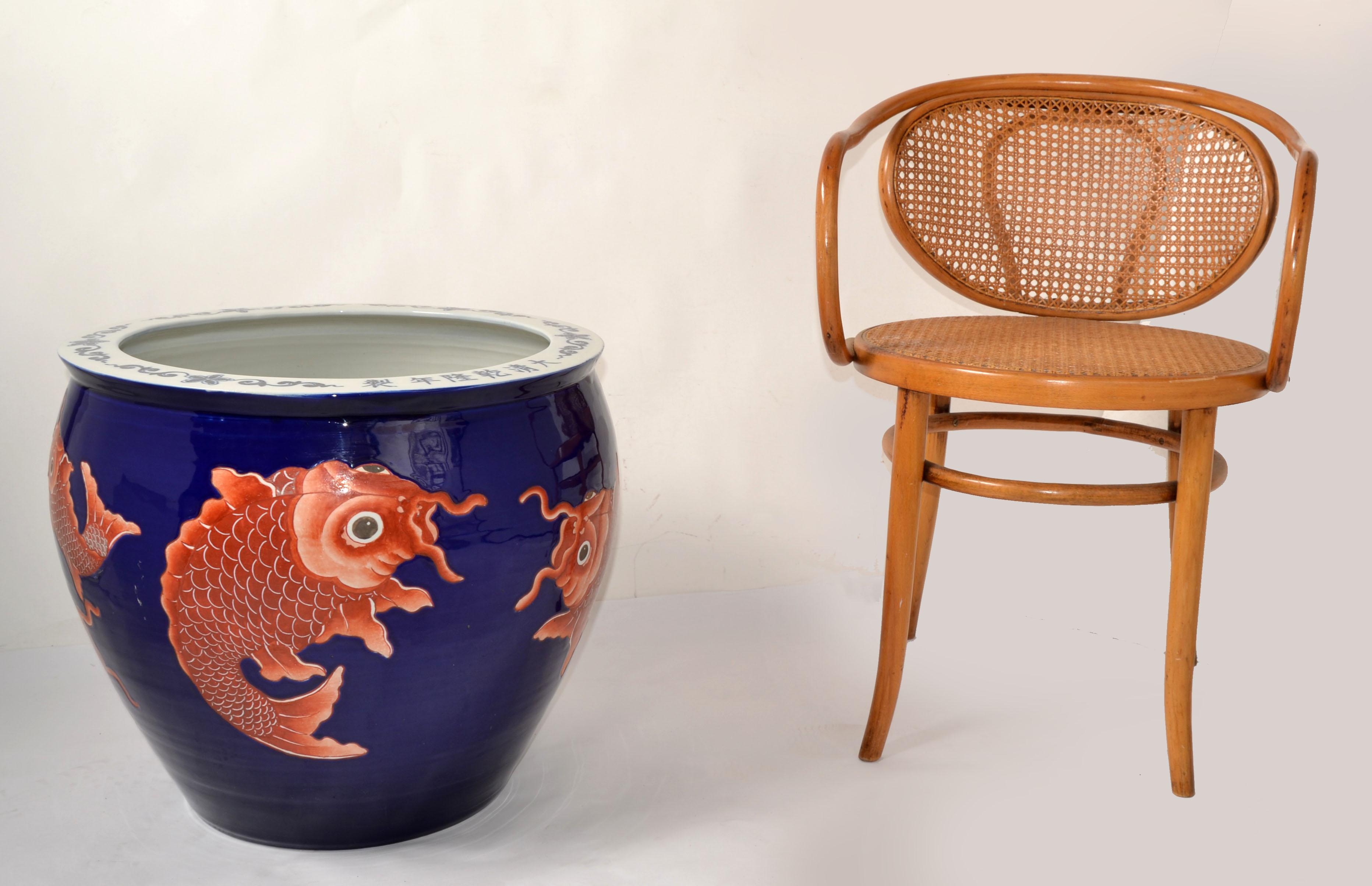 Vintage Marked Chinese Porcelain Floral Planters Blue & White Golden Koi Fish For Sale 2