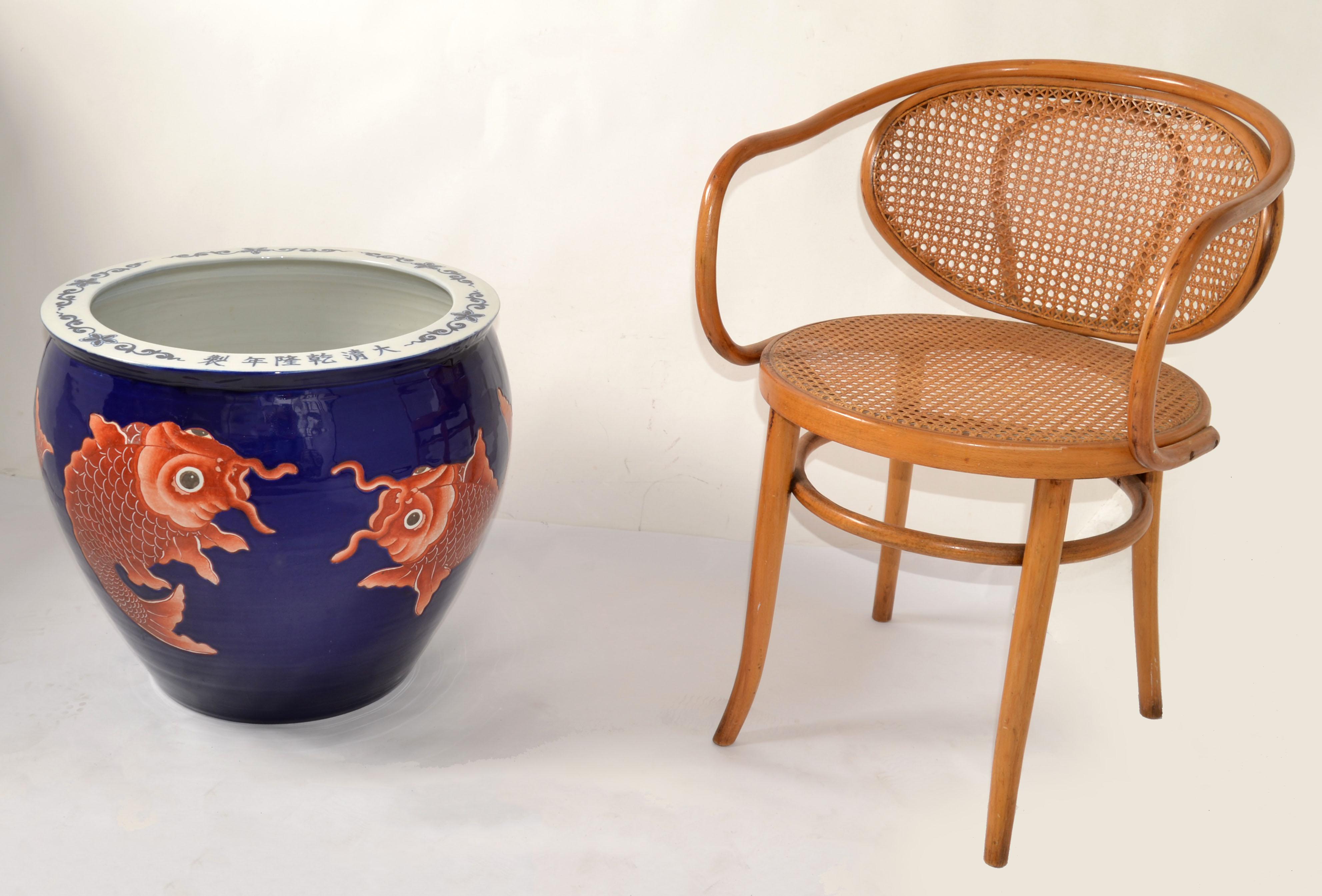 Vintage Marked Chinese Porcelain Floral Planters Blue & White Golden Koi Fish For Sale 3