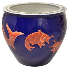 Vintage Marked Chinese Porcelain Floral Planters Blue & White Golden Koi Fish
