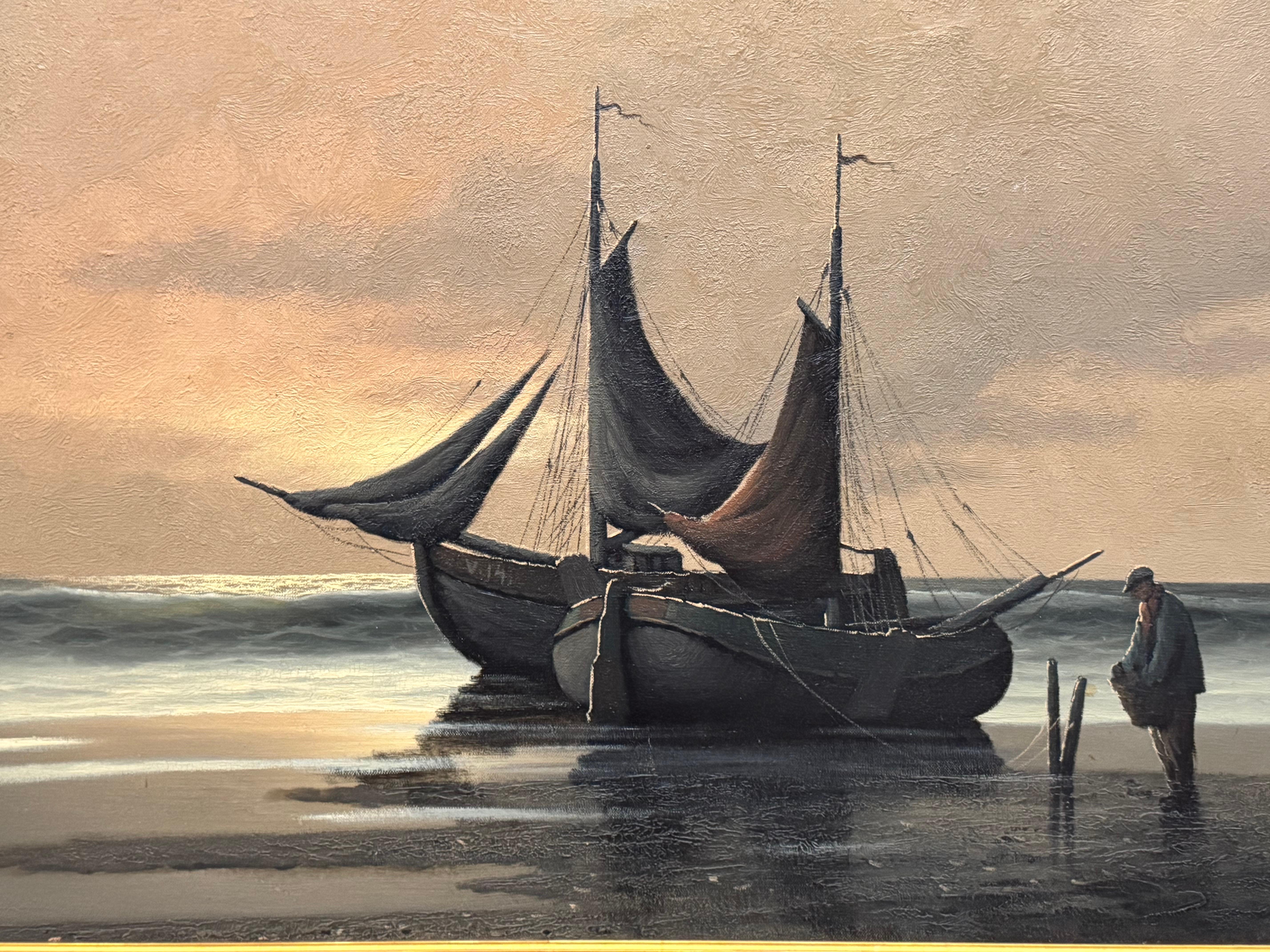 For Sale: Stunning Oil Painting – Sailboats at Shore, Signed 
