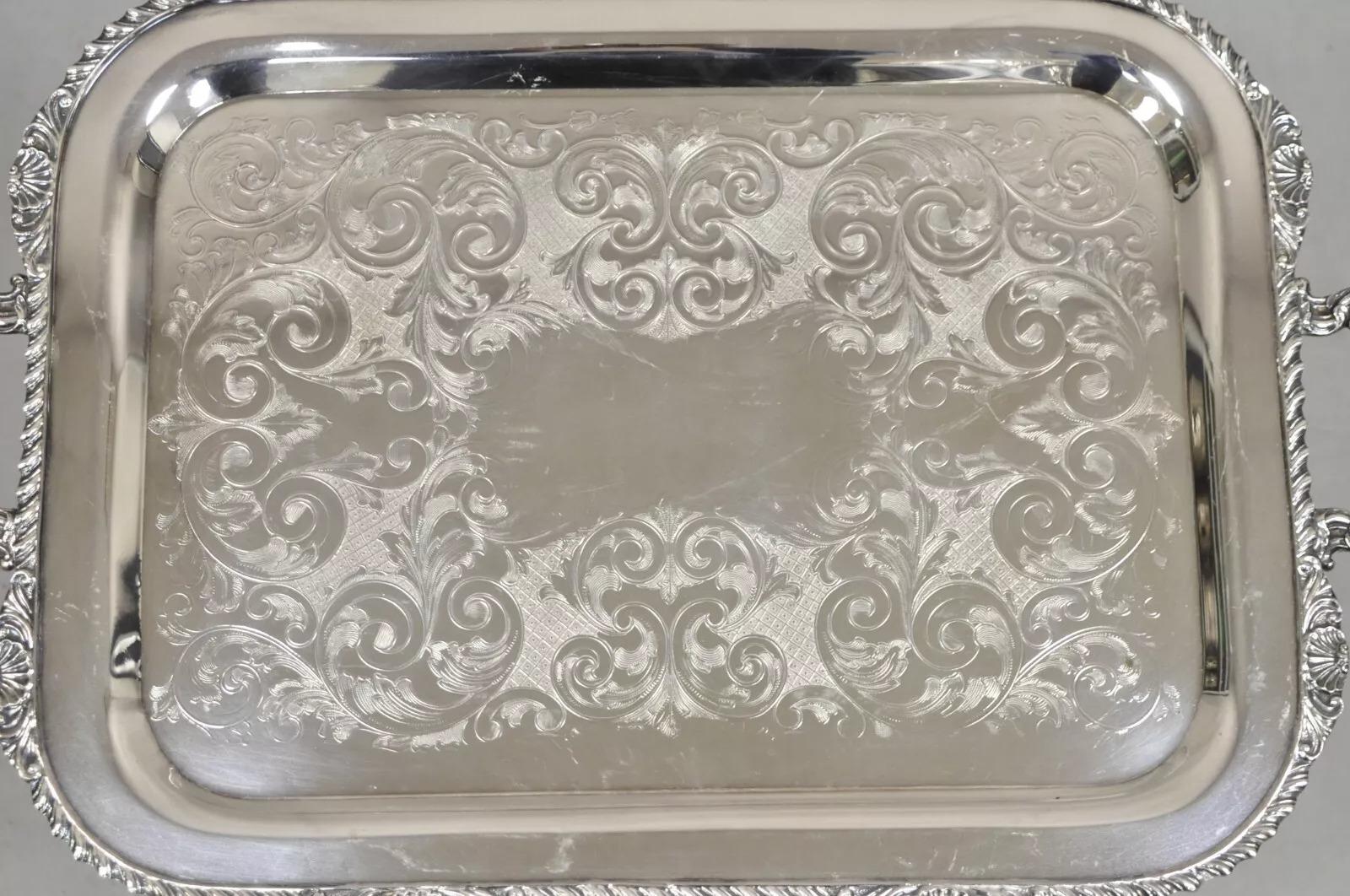 Vintage Marlboro English Victorian Style Silver Plated Butlers Serving Platter Tray. Circa Mid 20th Century. Measurements: 2