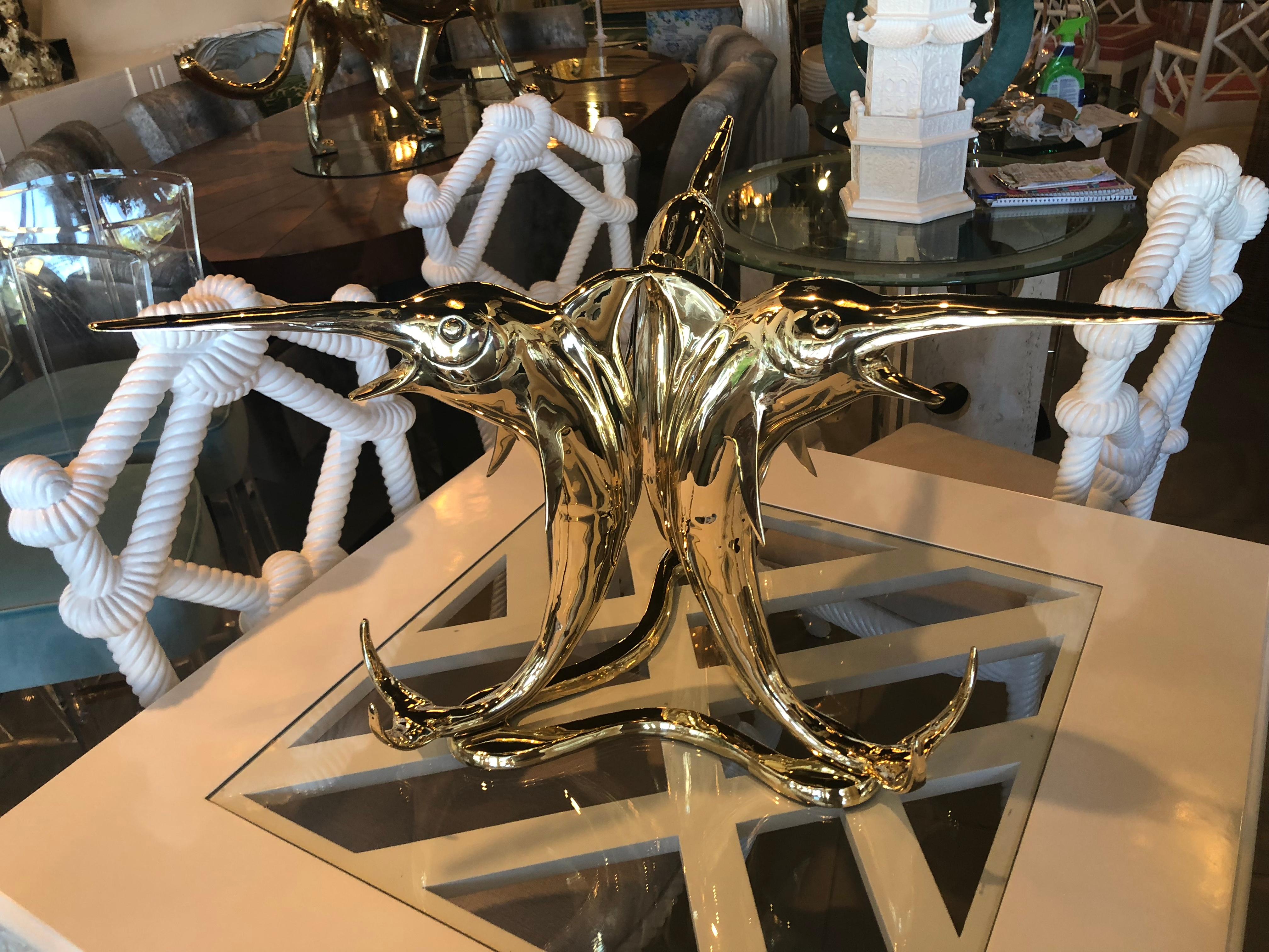 Vintage Marlin Fish Polished Brass Coffee Cocktail Table Nautical 4