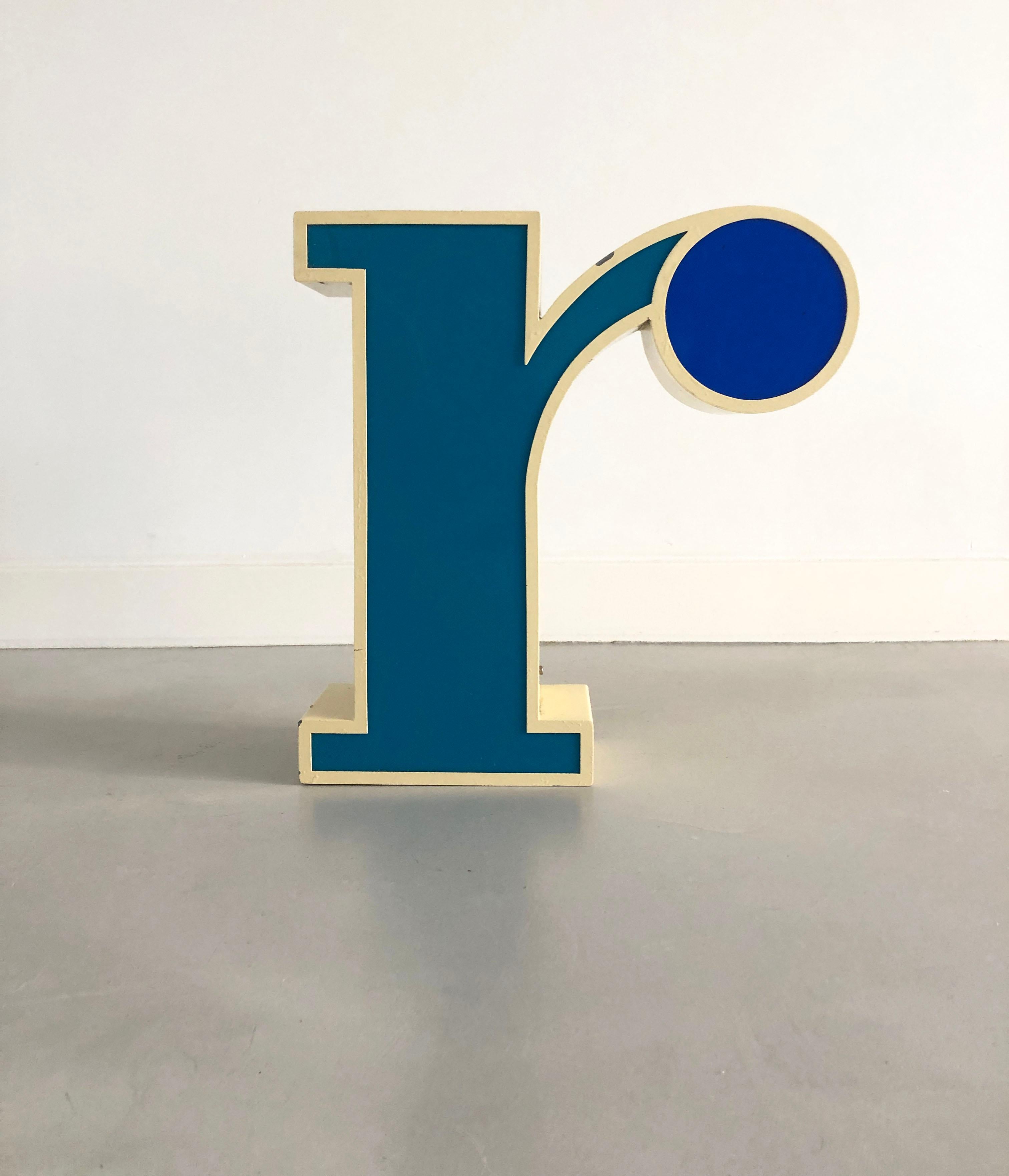 Highly decorative hand-cut vintage advertisement metal channel letter 'R'. 
1970's Art Deco-style metal box letter filled with nice two-tone blue Perspex acrylic. 
No neon inside - you can fill it easily with an LED fixture.