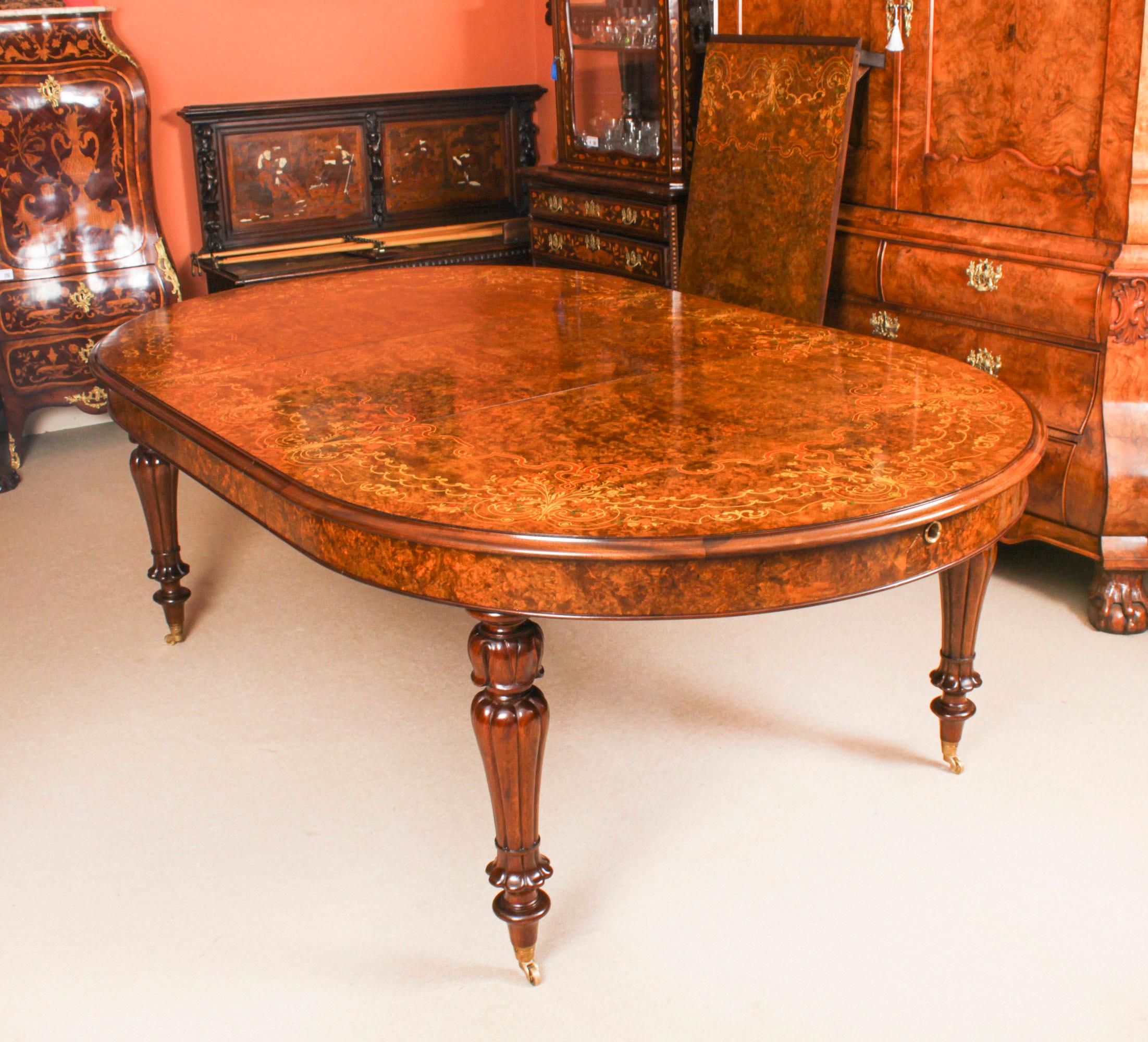 English Vintage Marquetry Burr Walnut Dining Table & 8 Dining Chairs 20th Century