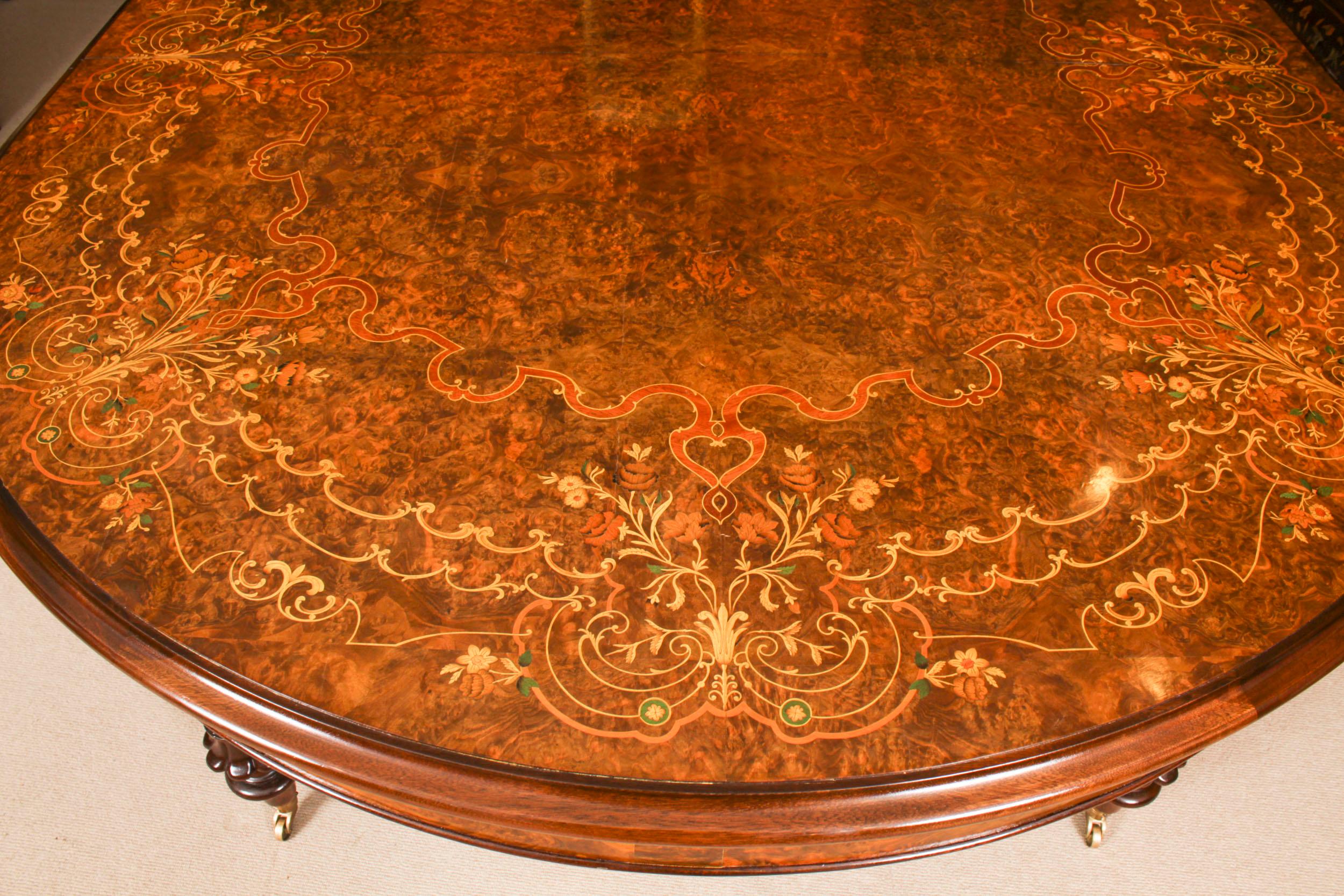 Vintage Marquetry Burr Walnut Dining Table & 8 Dining Chairs 20th Century In Good Condition In London, GB