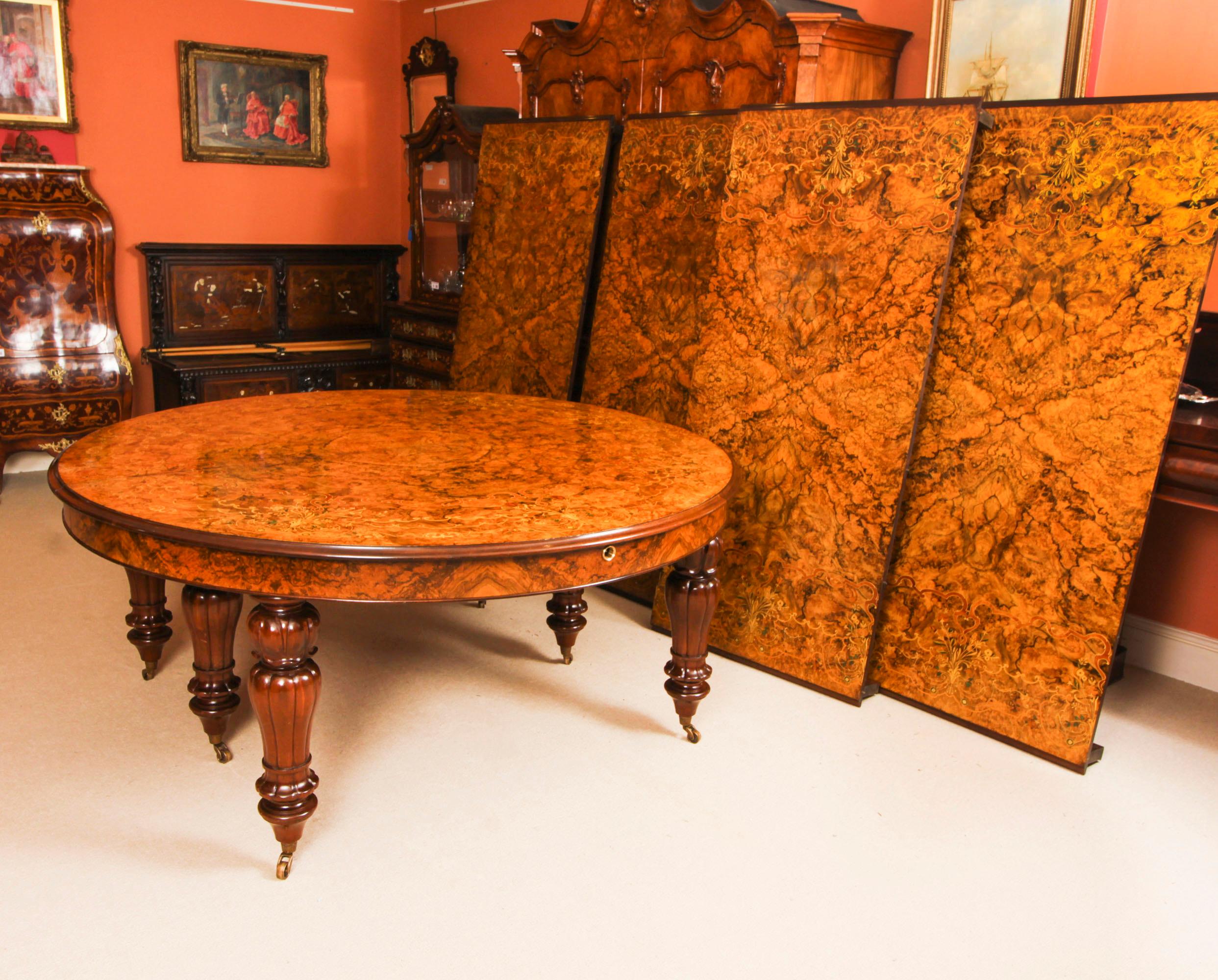 Vintage Marquetry Burr Walnut Extending Dining Table & 16 Chairs 20th C For Sale 7