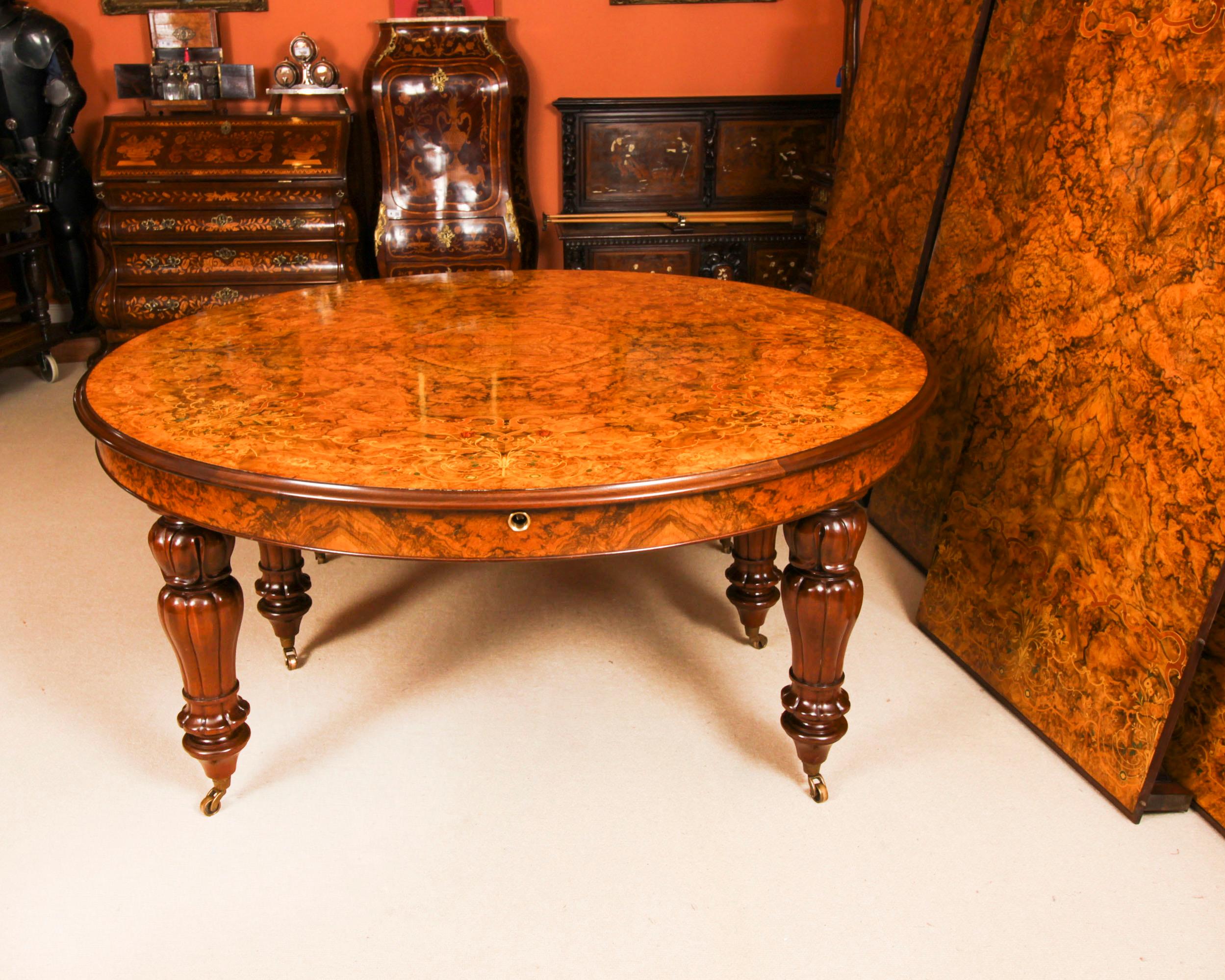 Vintage Marquetry Burr Walnut Extending Dining Table & 16 Chairs 20th C For Sale 8