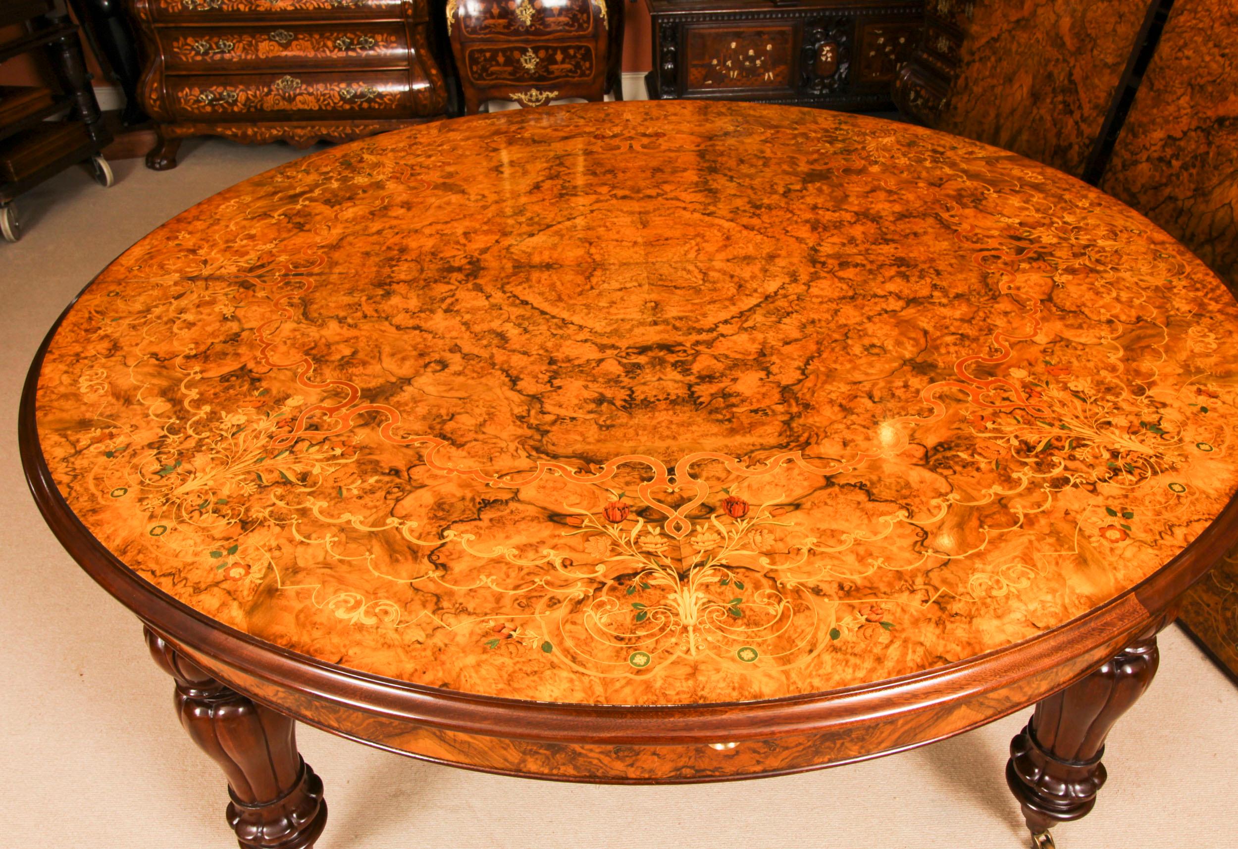 Vintage Marquetry Burr Walnut Extending Dining Table & 16 Chairs 20th C For Sale 9