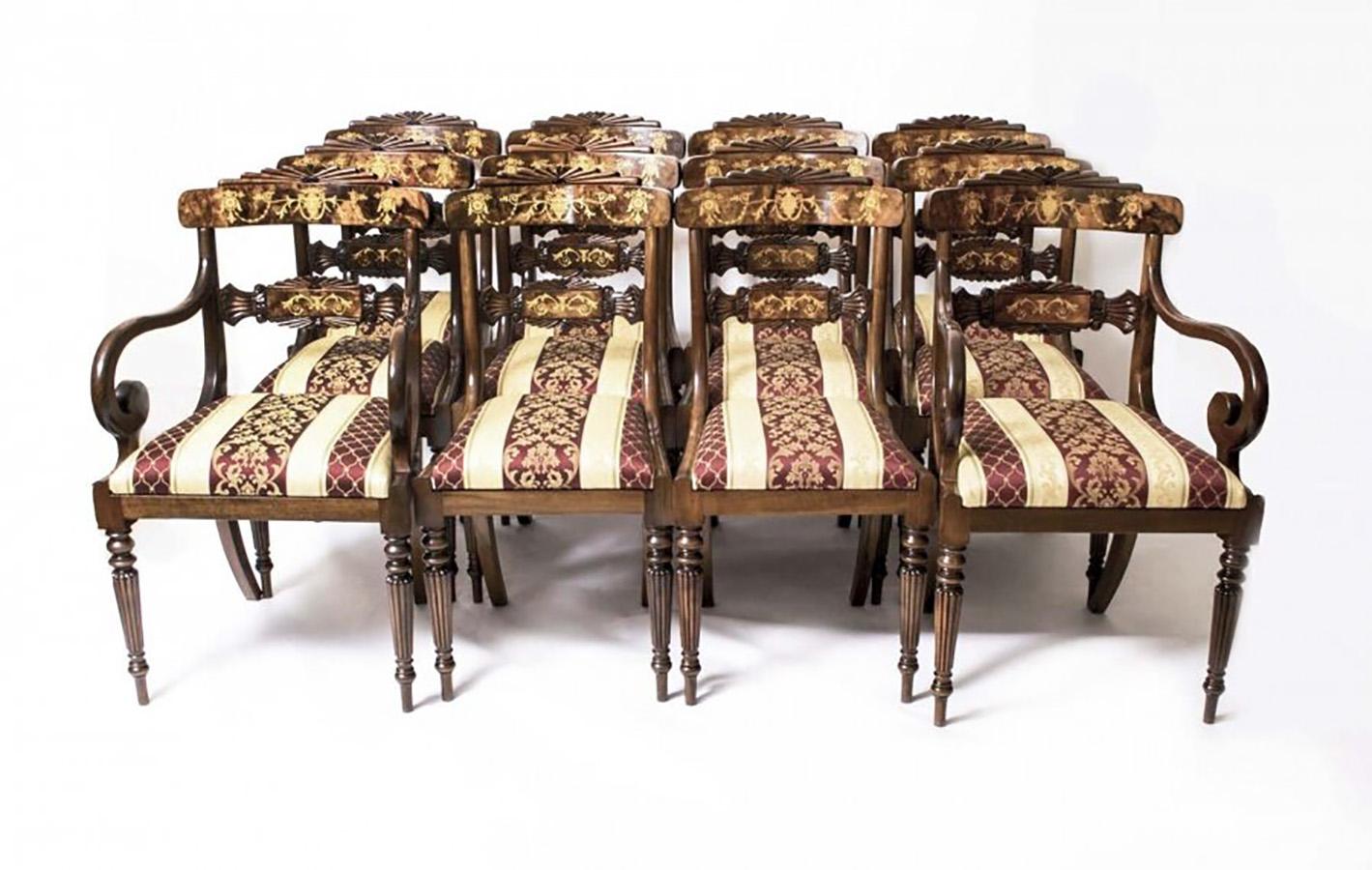 Vintage Marquetry Burr Walnut Extending Dining Table & 16 Chairs 20th C For Sale 10