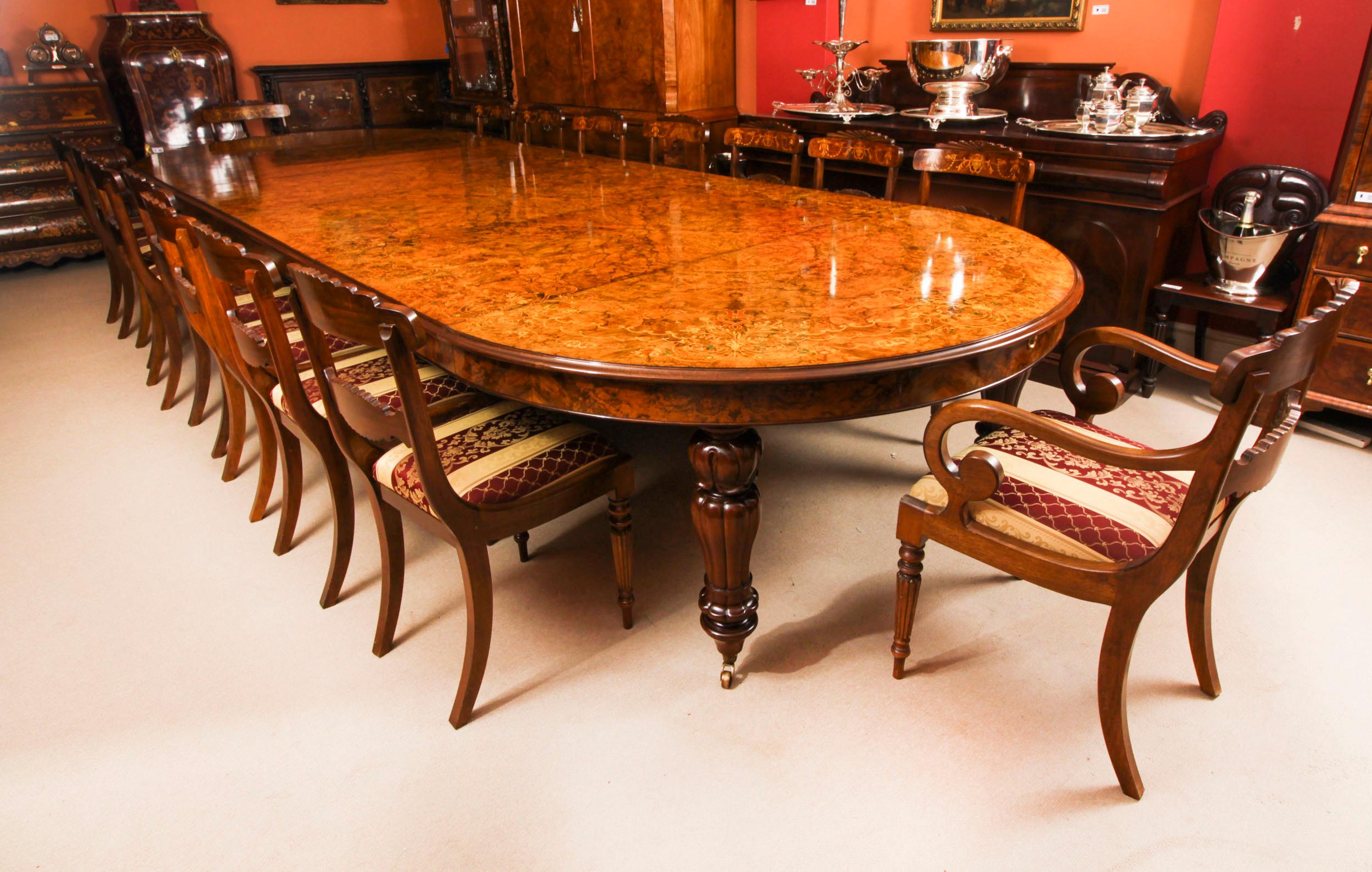 Vintage Marquetry Burr Walnut Extending Dining Table & 16 Chairs 20th C For Sale 16