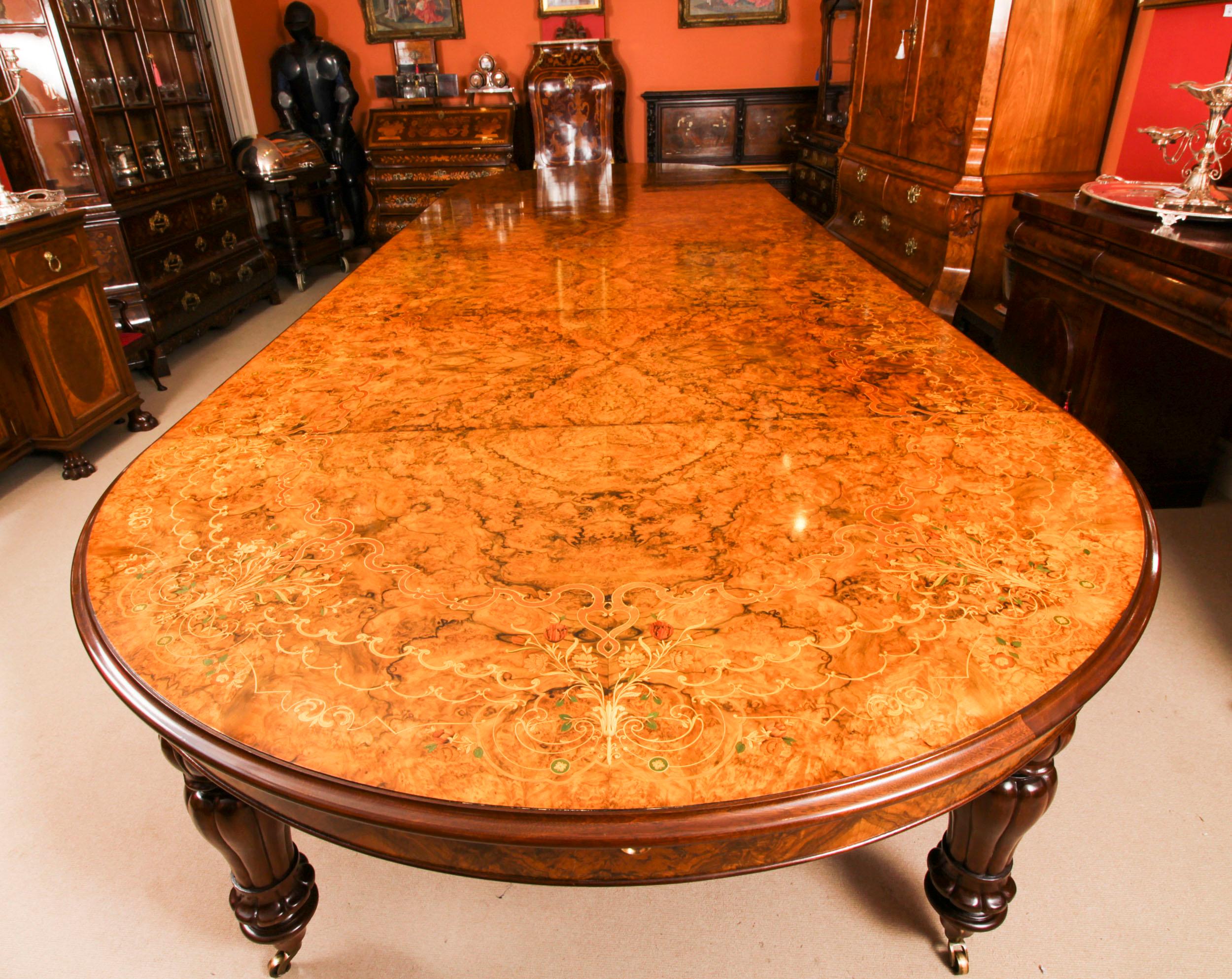 20th Century Vintage Marquetry Burr Walnut Extending Dining Table & 16 Chairs 20th C For Sale