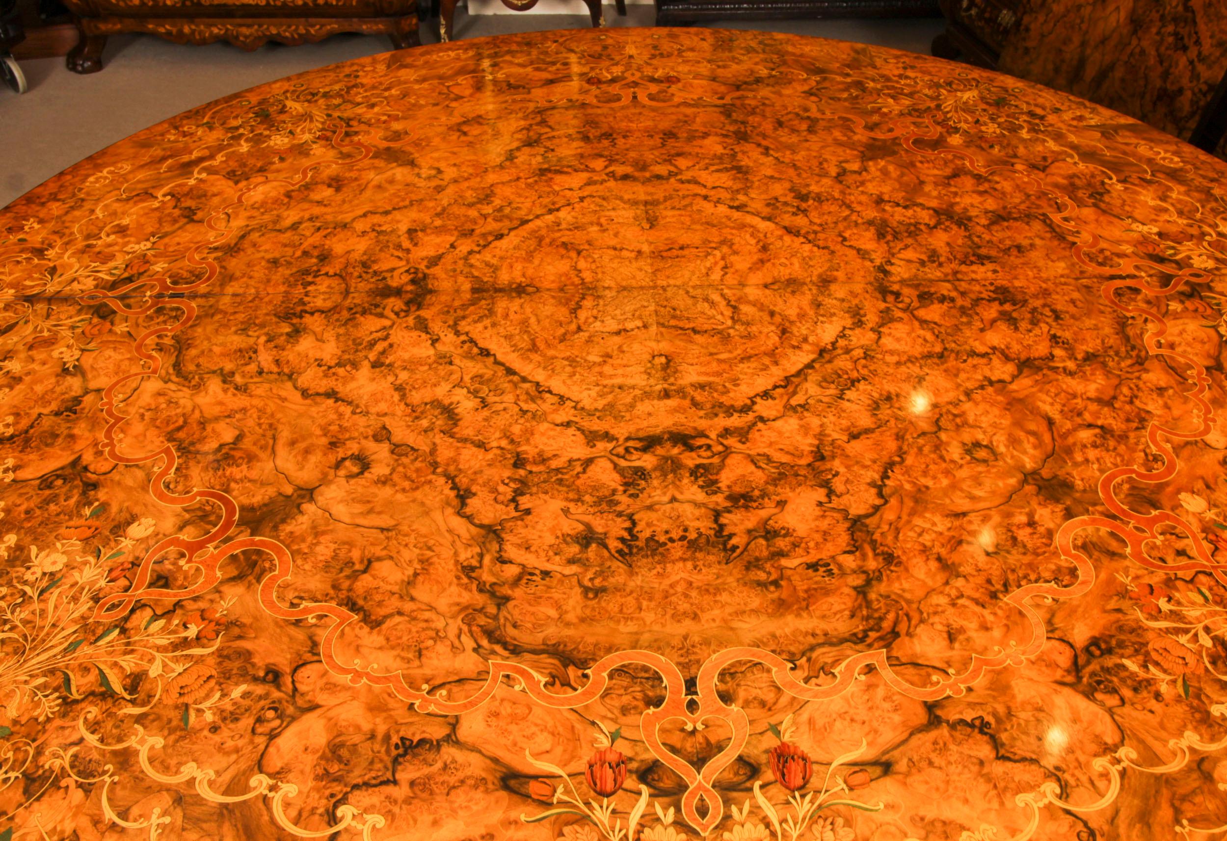 Vintage Marquetry Burr Walnut Extending Dining Table & 16 Chairs 20th C For Sale 1