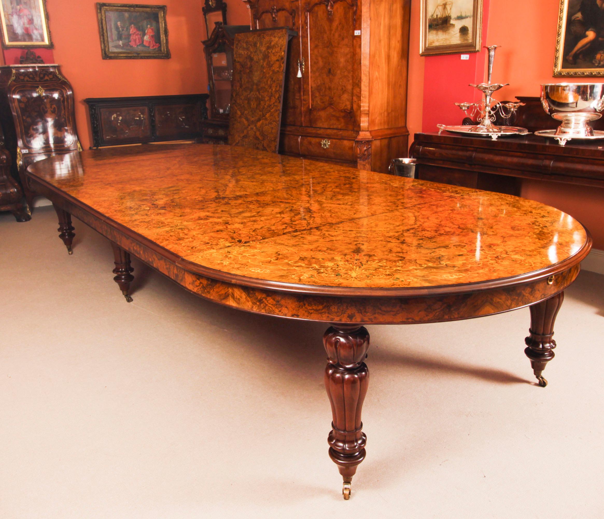 Vintage Marquetry Burr Walnut Extending Dining Table & 16 Chairs 20th C For Sale 3