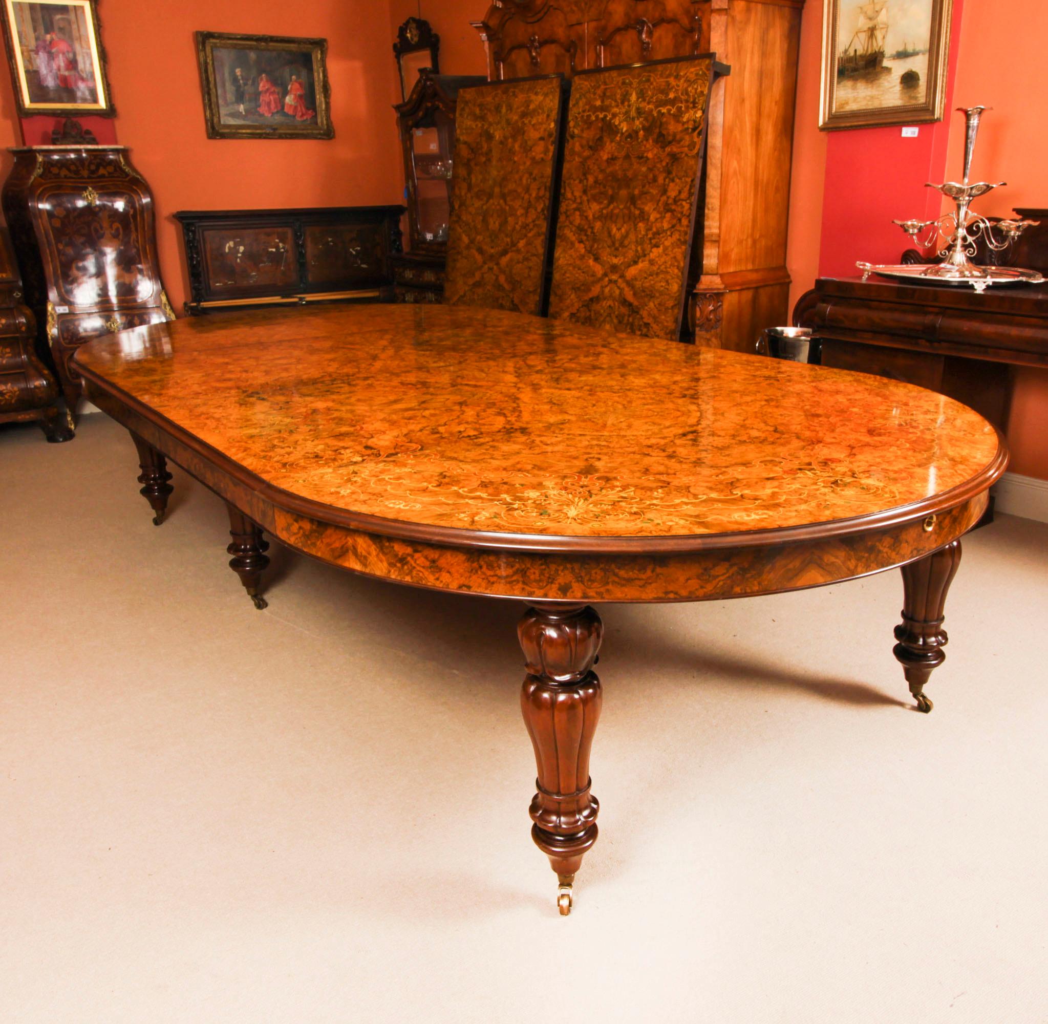 Vintage Marquetry Burr Walnut Extending Dining Table & 16 Chairs 20th C For Sale 4