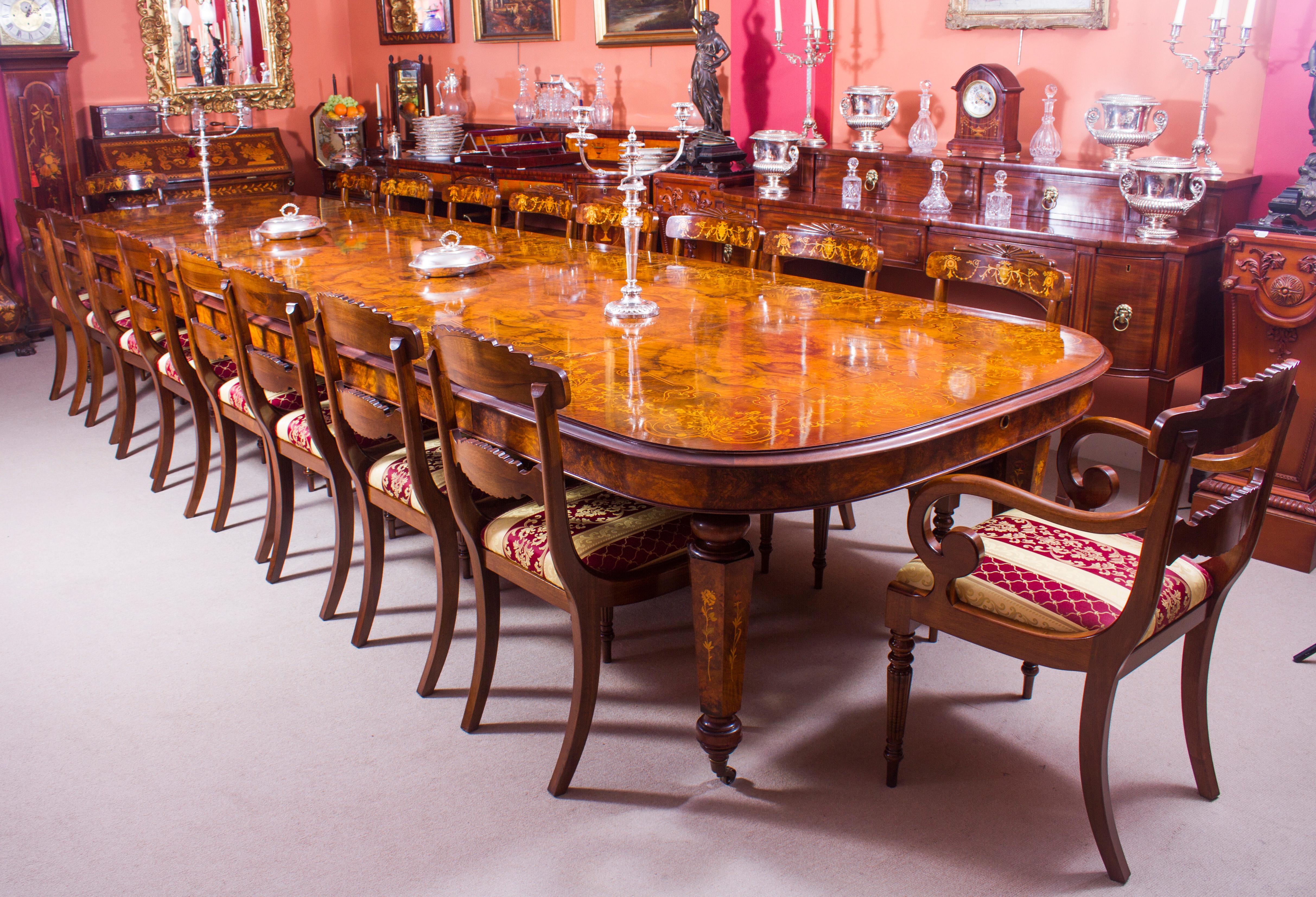 Vintage Marquetry Burr Walnut Extending Dining Table & 18 Chairs 20th Century 15