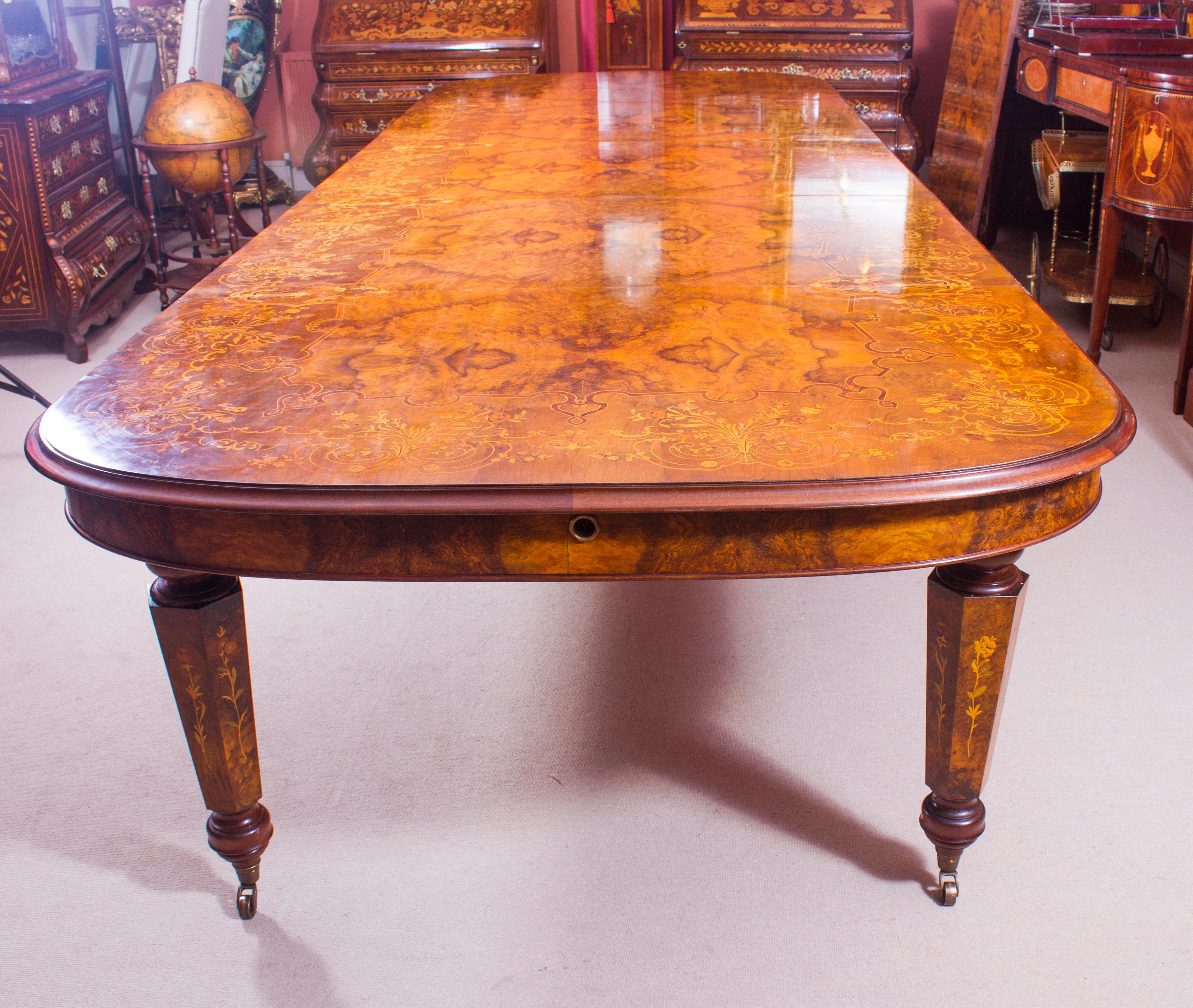 Vintage Marquetry Burr Walnut Extending Dining Table & 18 Chairs 20th Century In Good Condition In London, GB