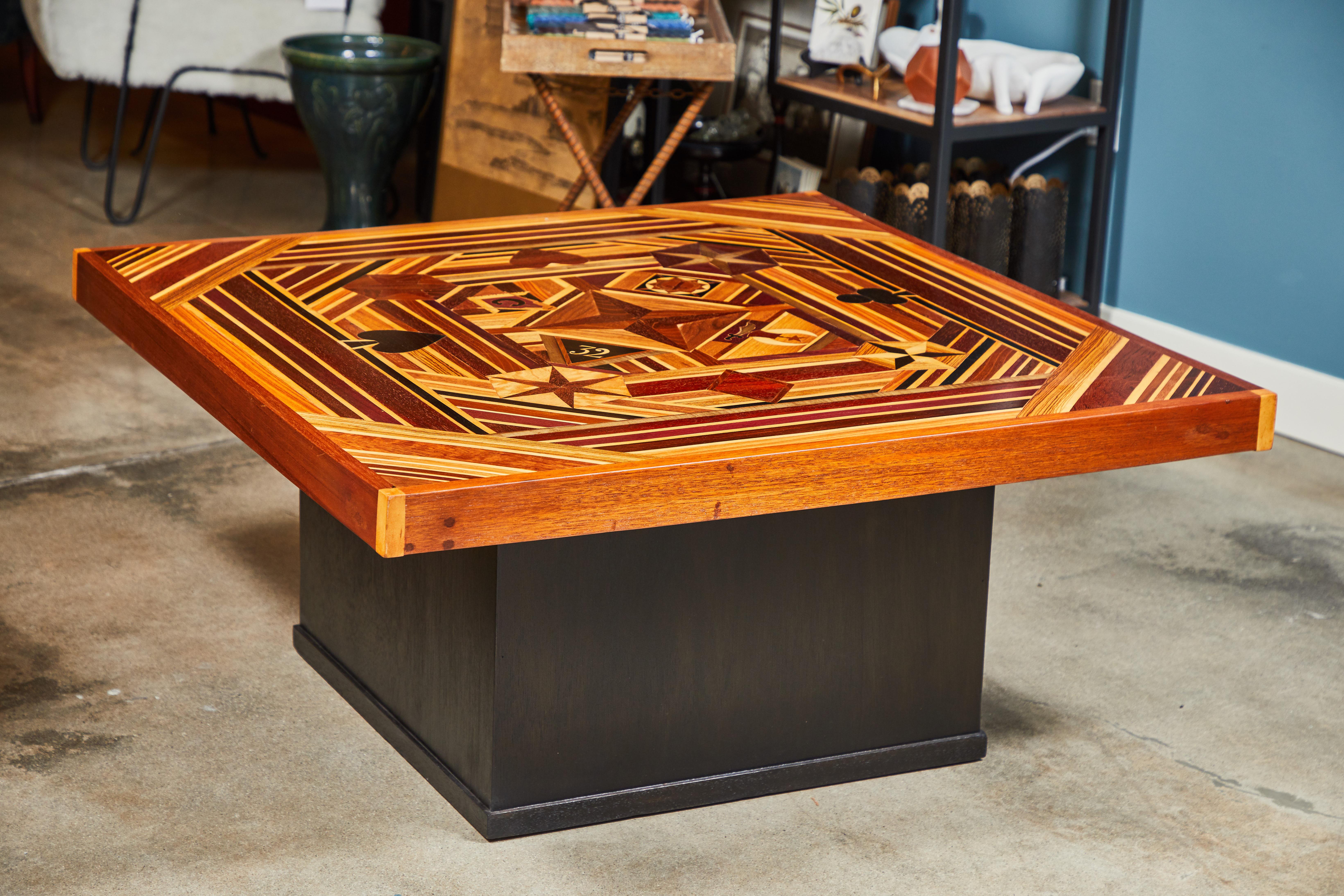 Fruitwood Vintage Marquetry Folk Art Coffee or Game Table with Masonic Symbols