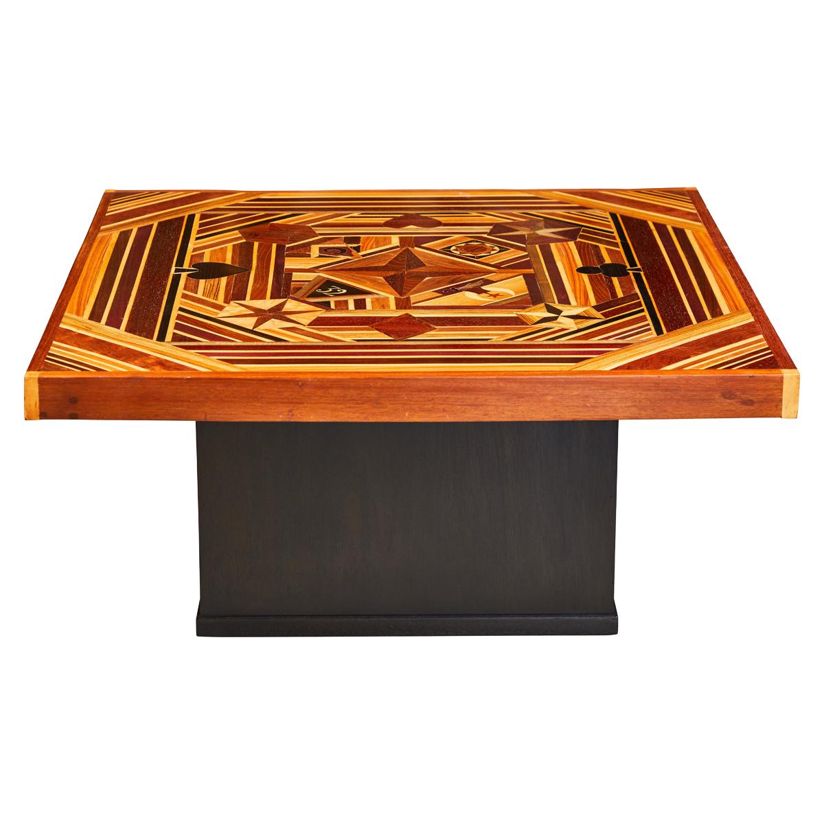 Vintage Marquetry Folk Art Coffee or Game Table with Masonic Symbols