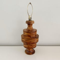 Vintage Marquetry Hand-Turned Lathe Block Lamp, Crafted from Various Woods from