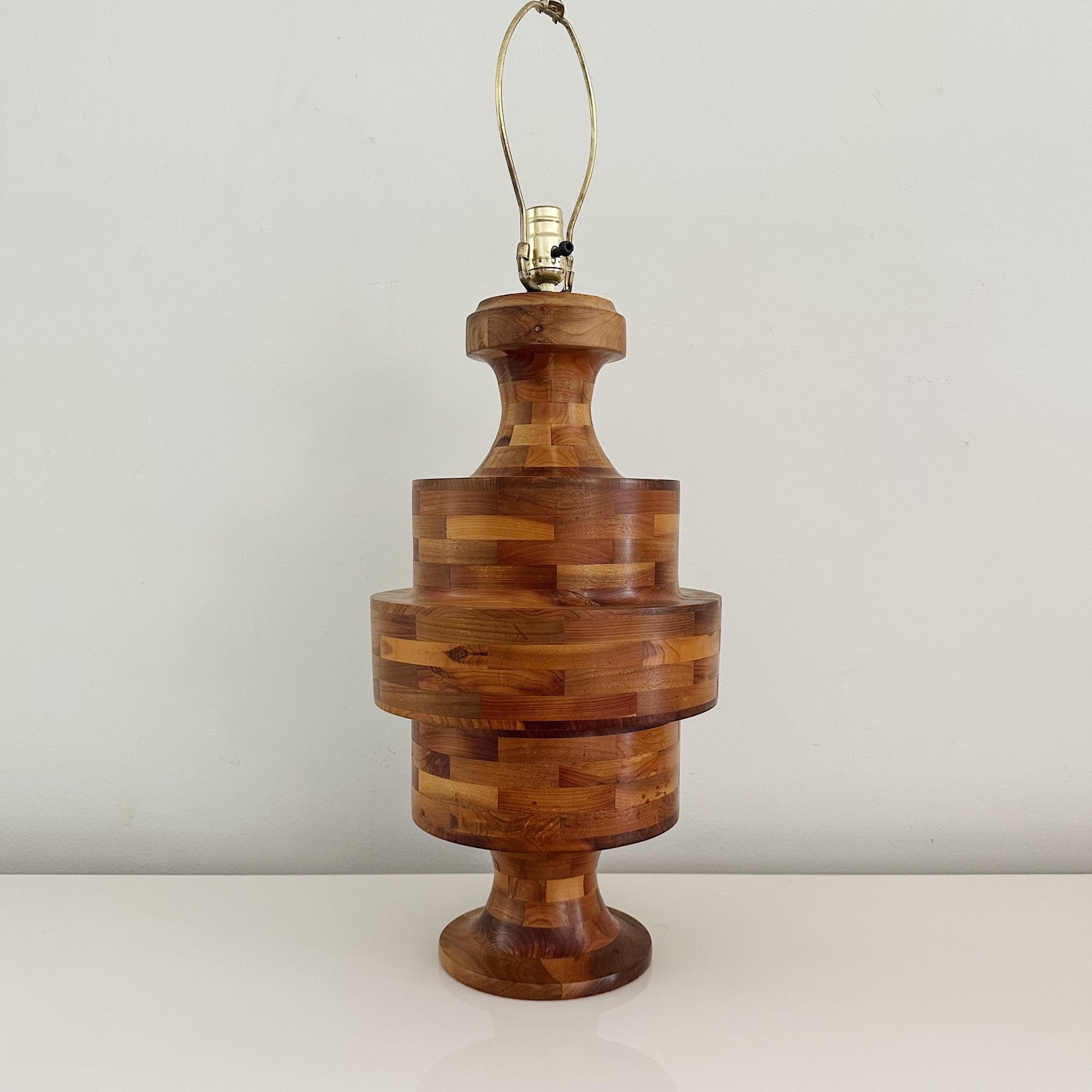 Mid-Century Modern Vintage Marquetry Hand-Turned Lathe Block Lamp, Crafted from Various Woods from For Sale