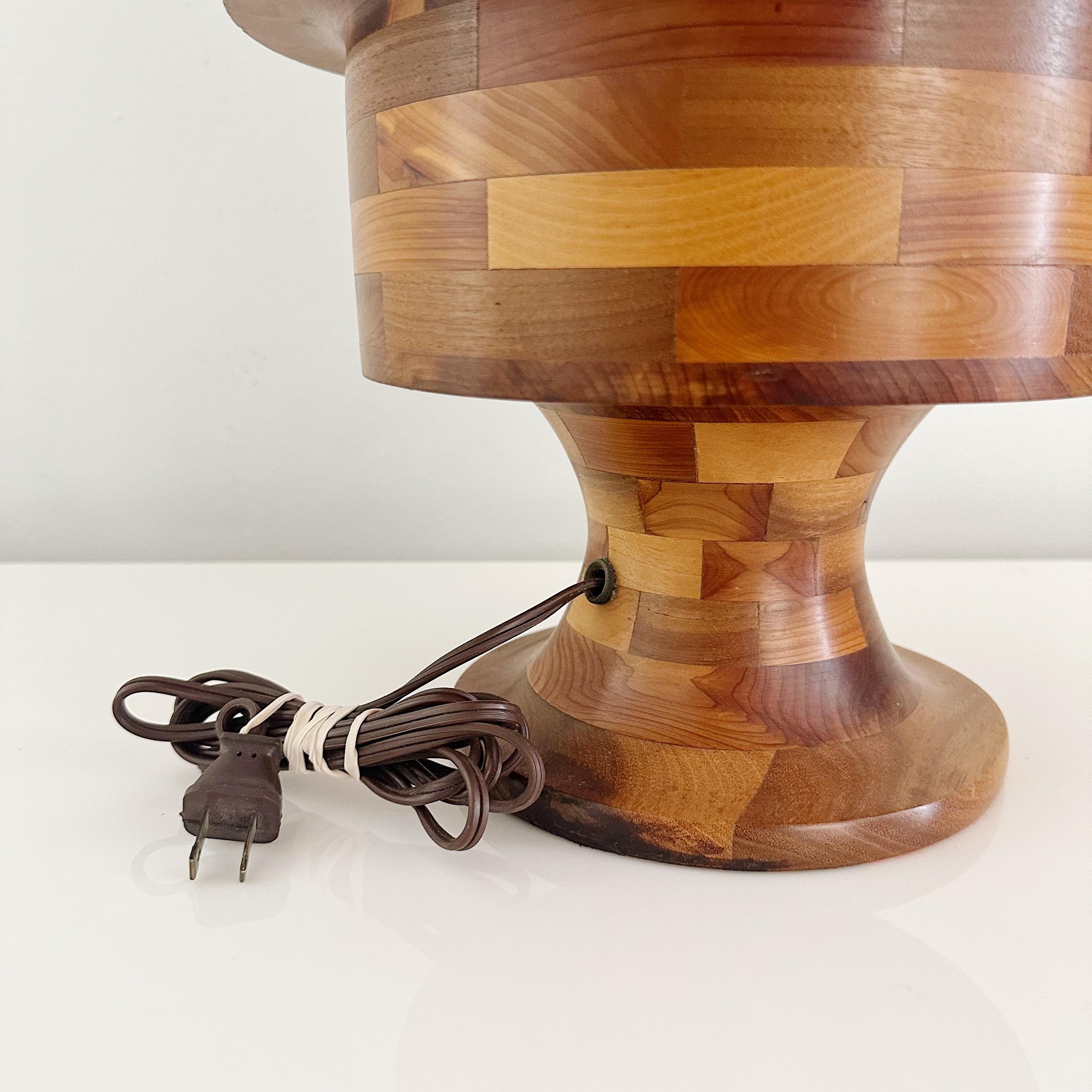 Vintage Marquetry Hand-Turned Lathe Block Lamp, Crafted from Various Woods from In Good Condition For Sale In West Palm Beach, FL
