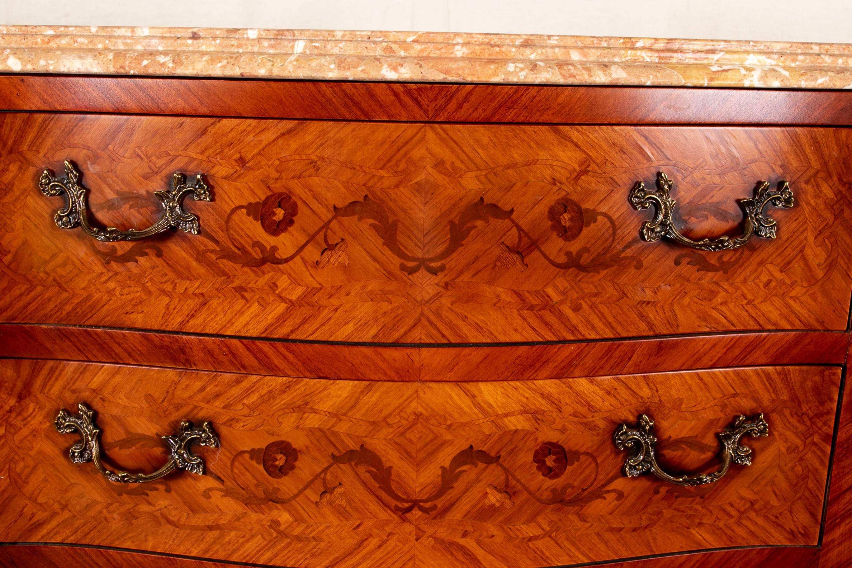 Vintage Marquetry Semanier with Marble Top and Decorative Mounts In Good Condition In Bridgeport, CT