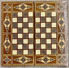 Vintage Marquetry Wood Game Board Case, Chess, Checker & Backgammon.