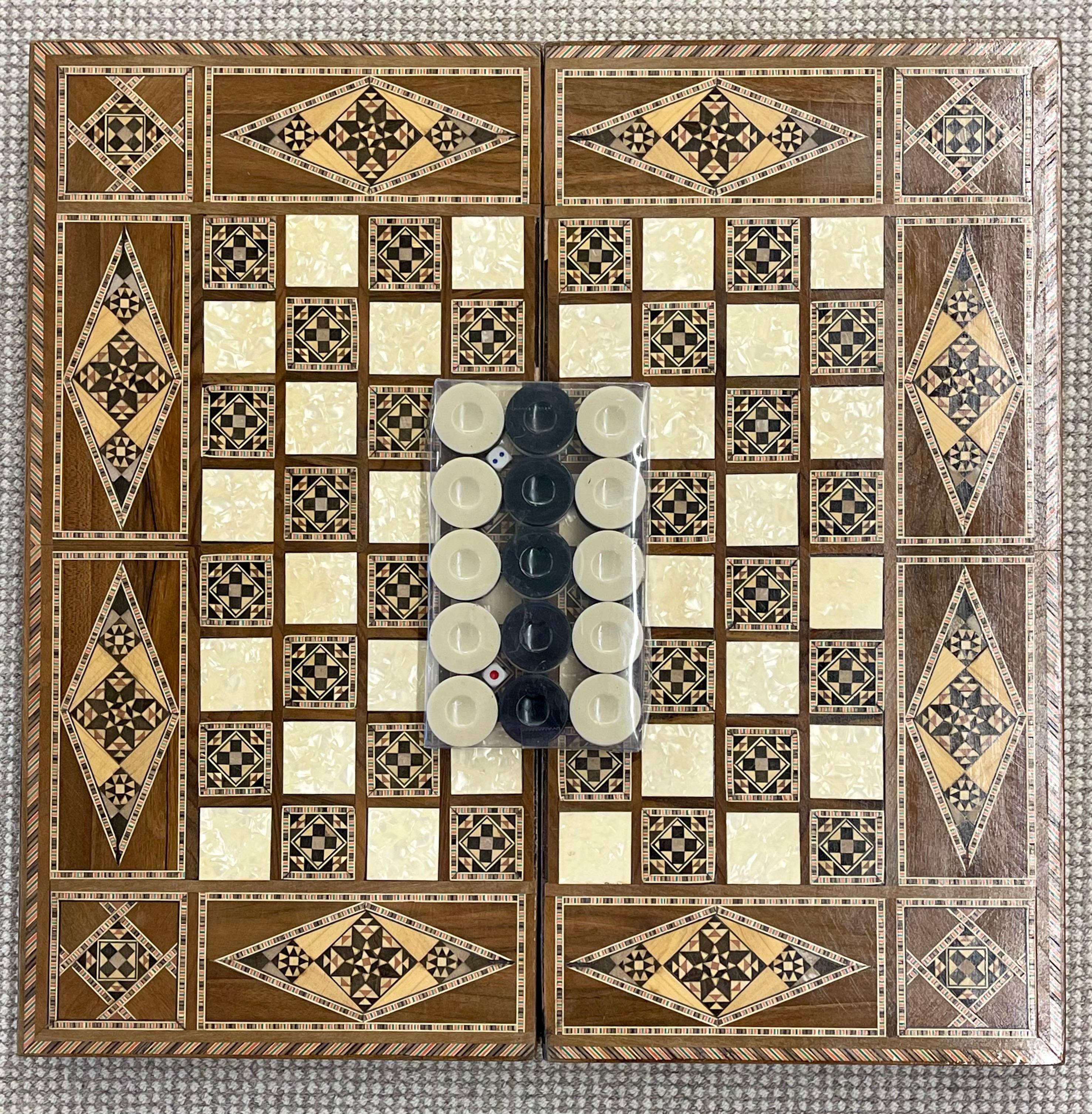 Aesthetic Movement Vintage Marquetry Wood Game Board Case, Chess, Checker & Backgammon.