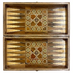 Vintage Marquetry Wood Game Board Case, Chess, Checker & Backgammon.