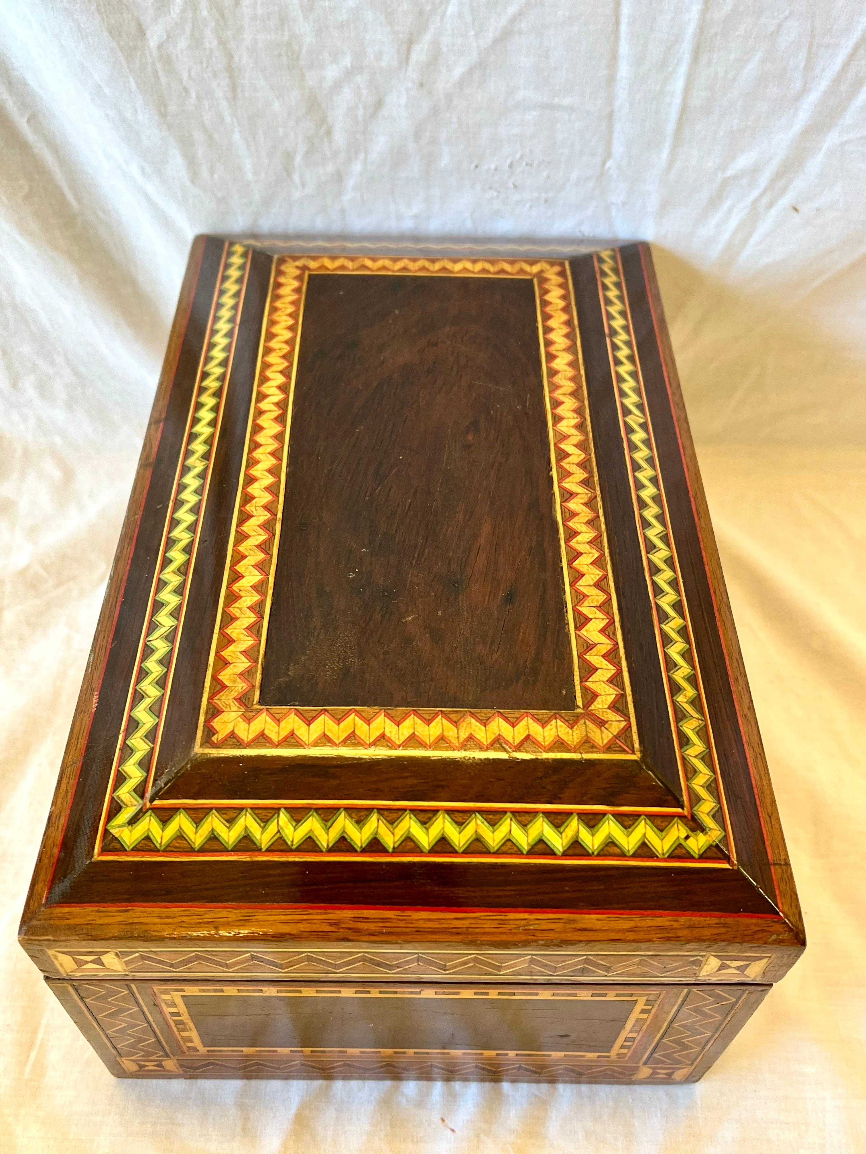 Vintage Marquetry Wood Inlaid Jewelry Casket Box with Mirror and Velvet Interior 4