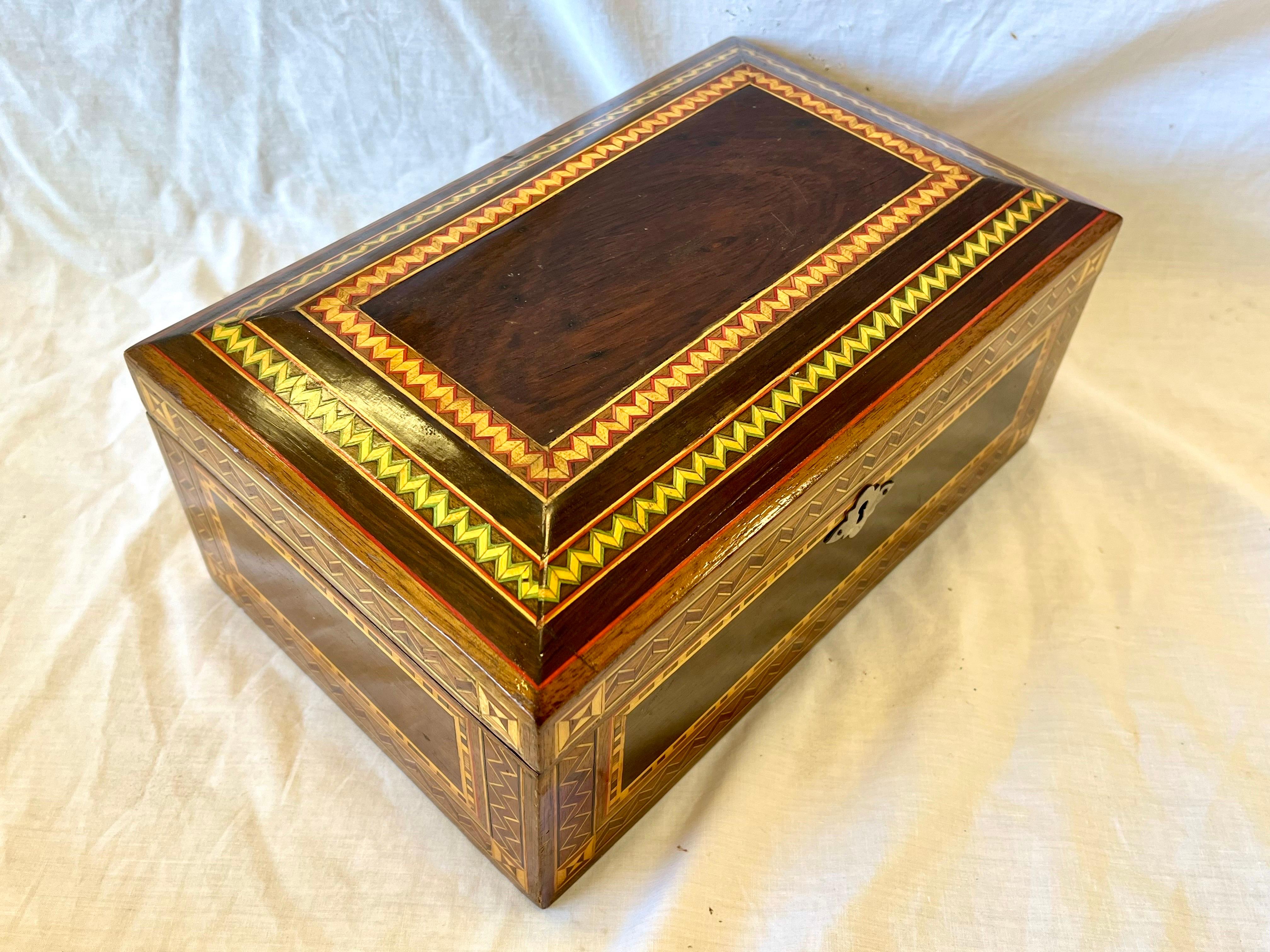 Vintage Marquetry Wood Inlaid Jewelry Casket Box with Mirror and Velvet Interior 5