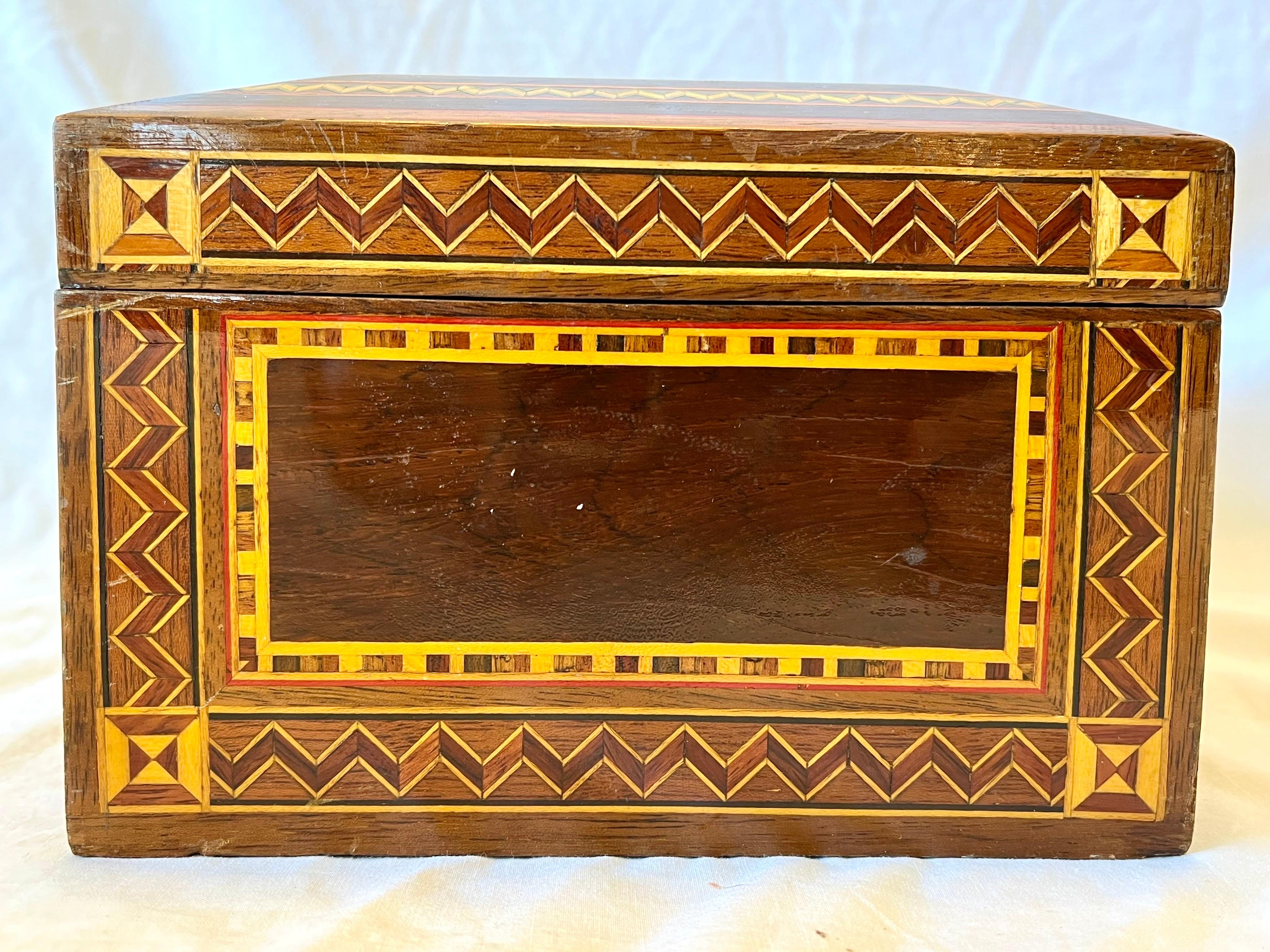 Vintage Marquetry Wood Inlaid Jewelry Casket Box with Mirror and Velvet Interior 6
