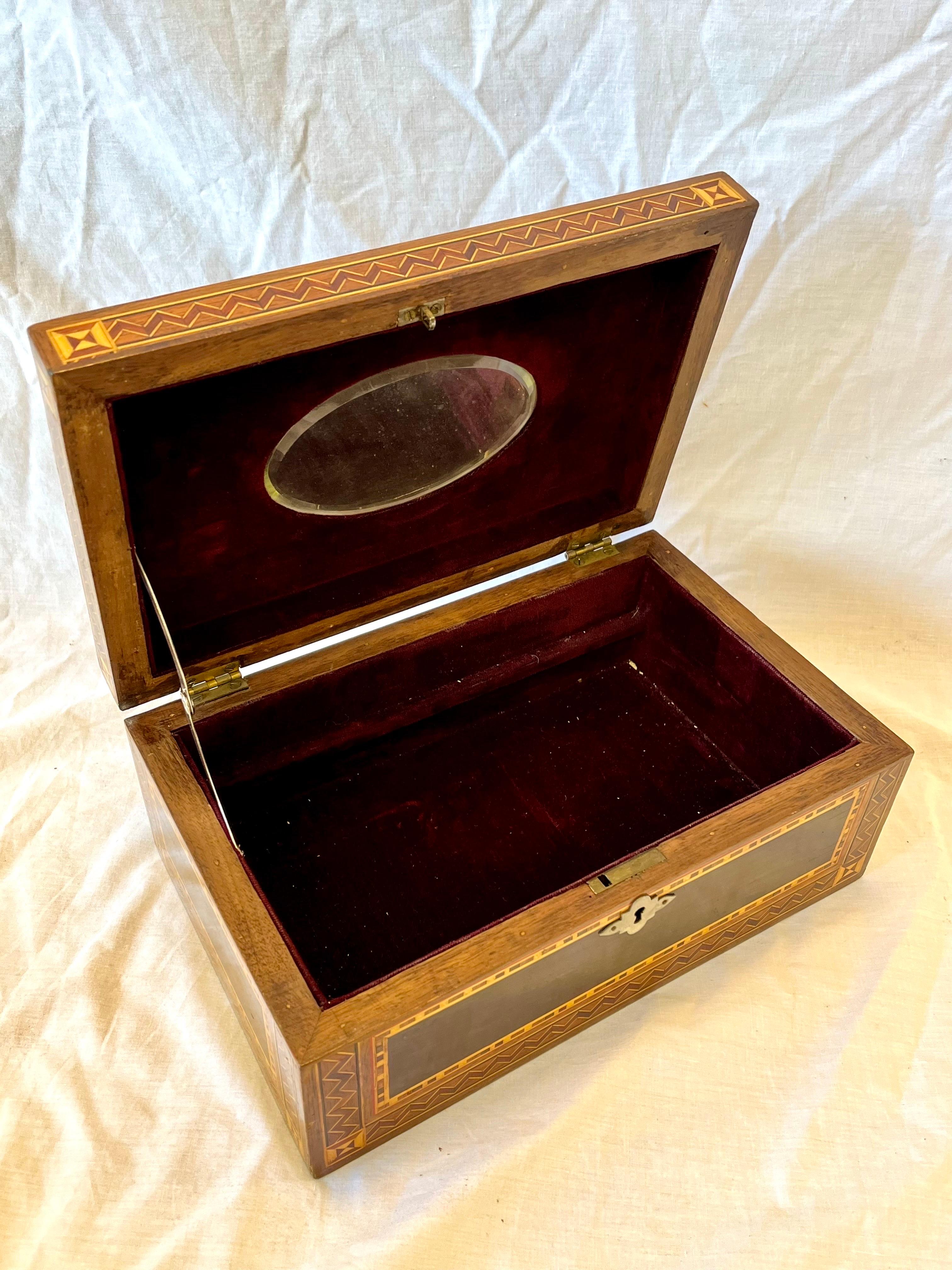 Vintage Marquetry Wood Inlaid Jewelry Casket Box with Mirror and Velvet Interior 7
