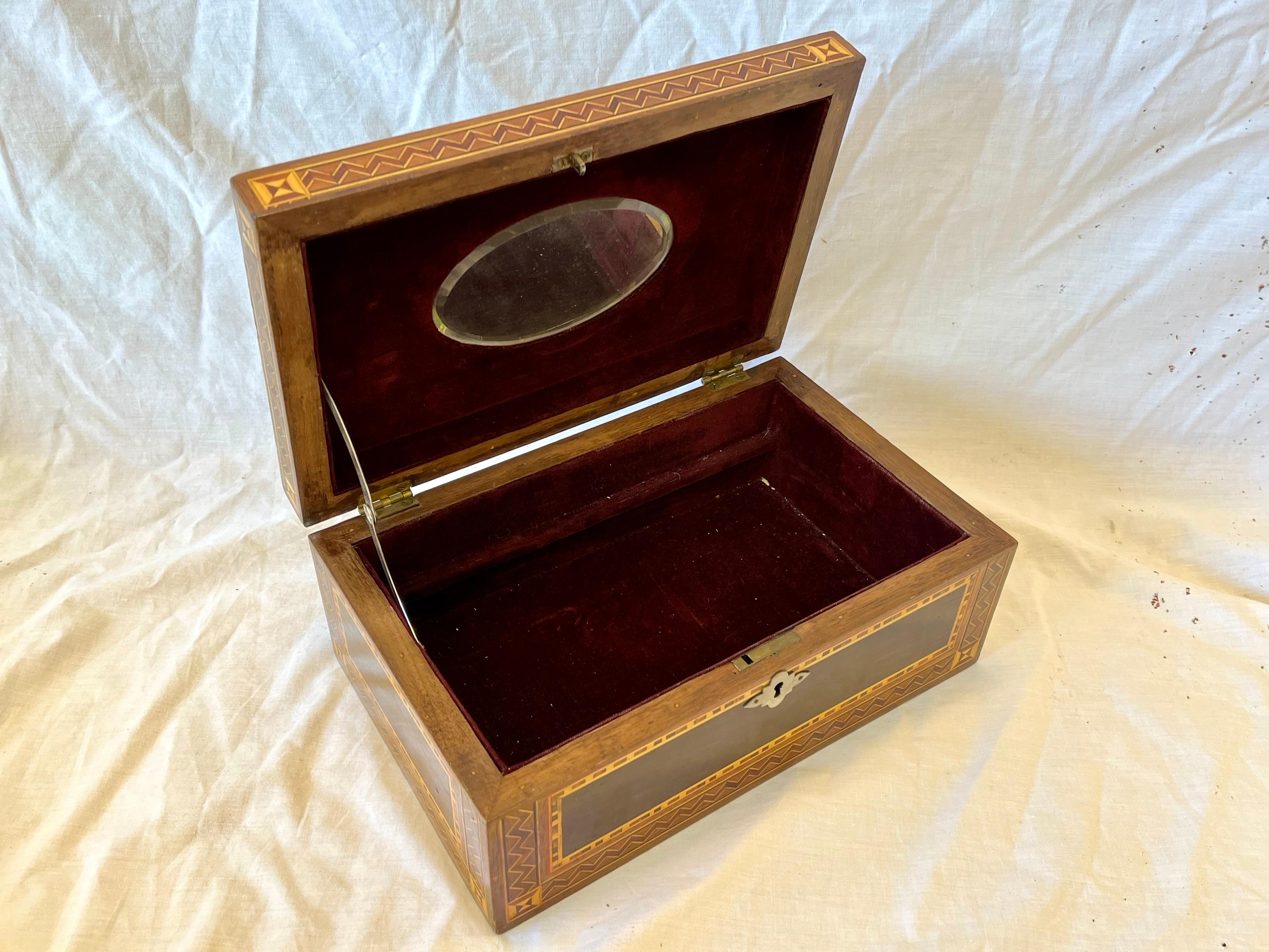 Vintage Marquetry Wood Inlaid Jewelry Casket Box with Mirror and Velvet Interior 8
