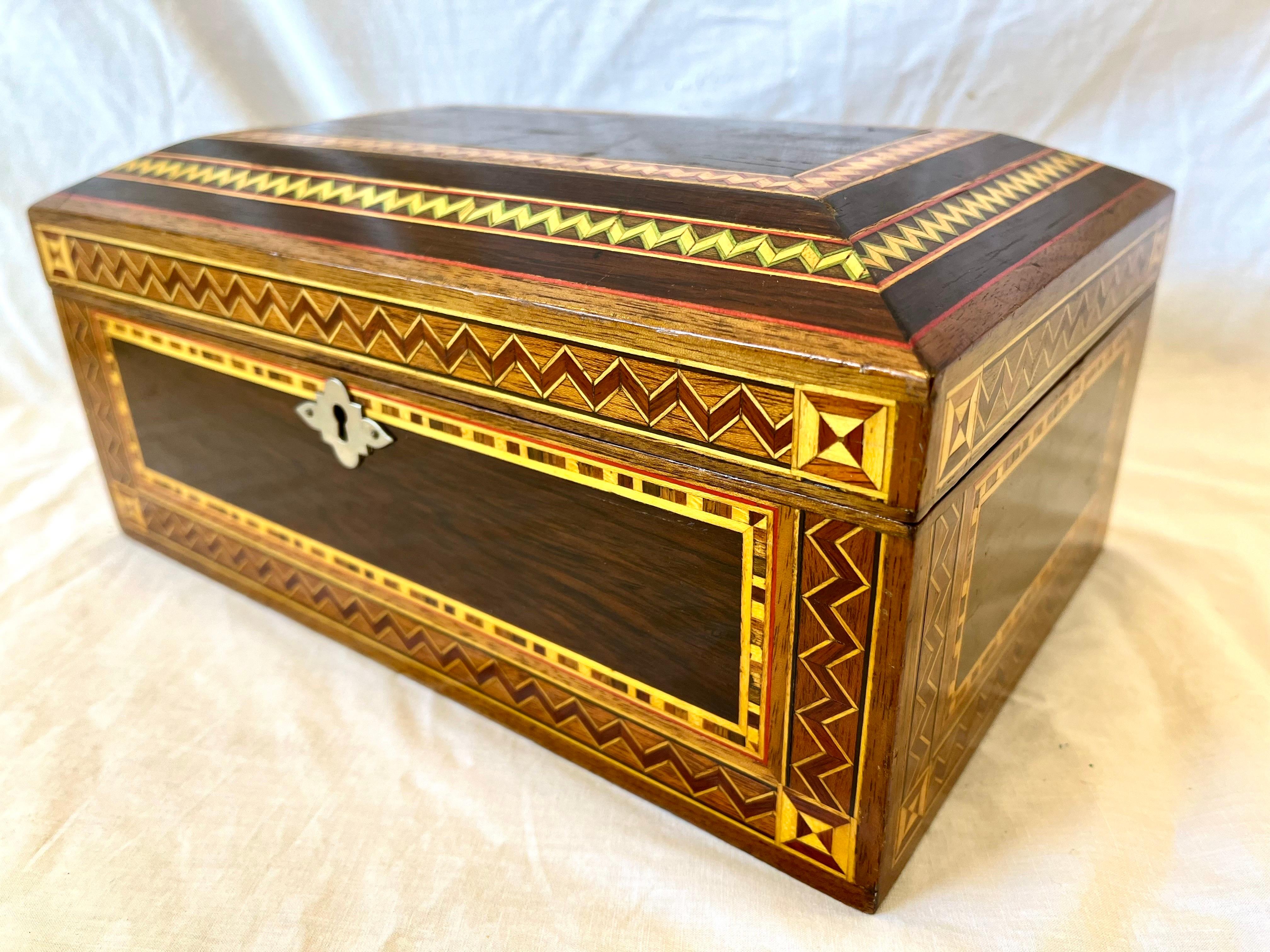 Anglo-Indian Vintage Marquetry Wood Inlaid Jewelry Casket Box with Mirror and Velvet Interior