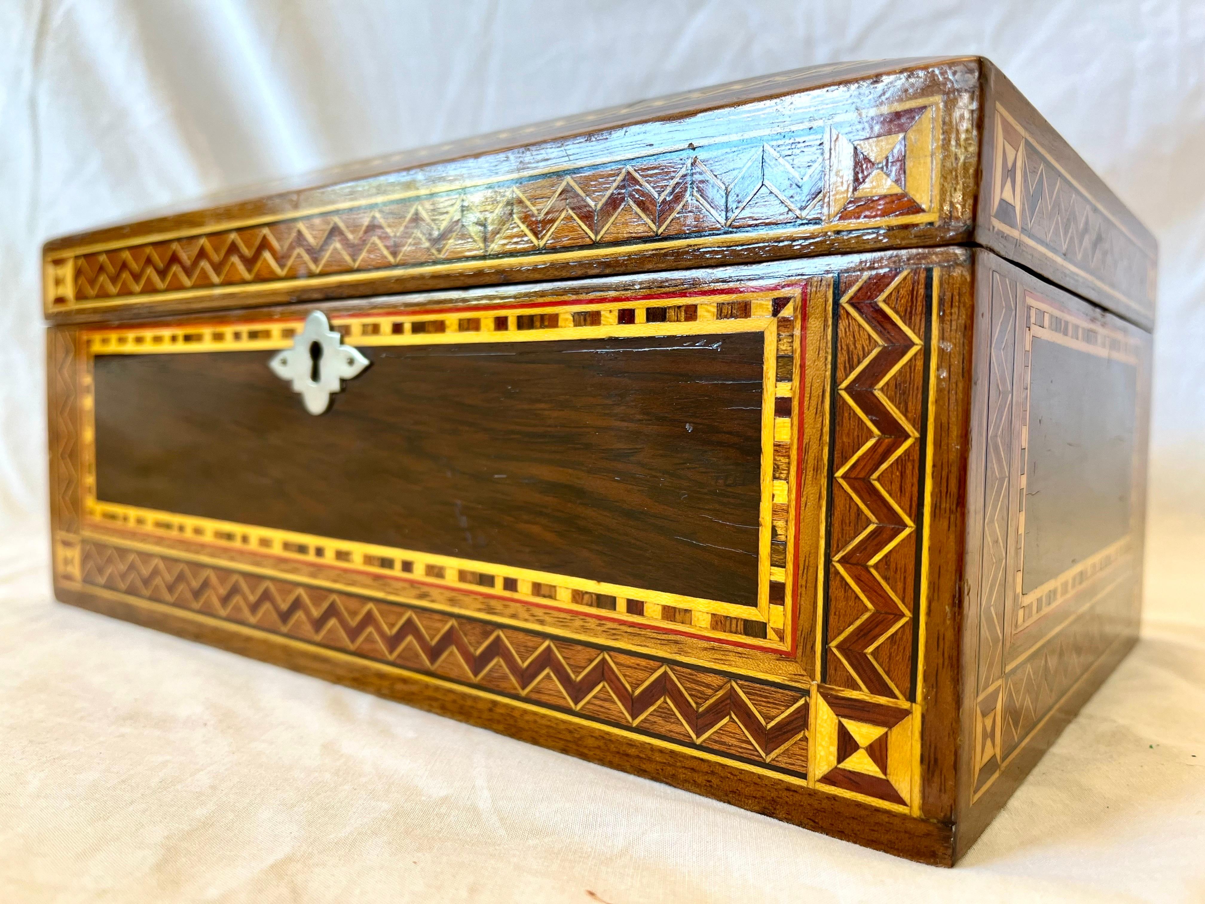 North American Vintage Marquetry Wood Inlaid Jewelry Casket Box with Mirror and Velvet Interior