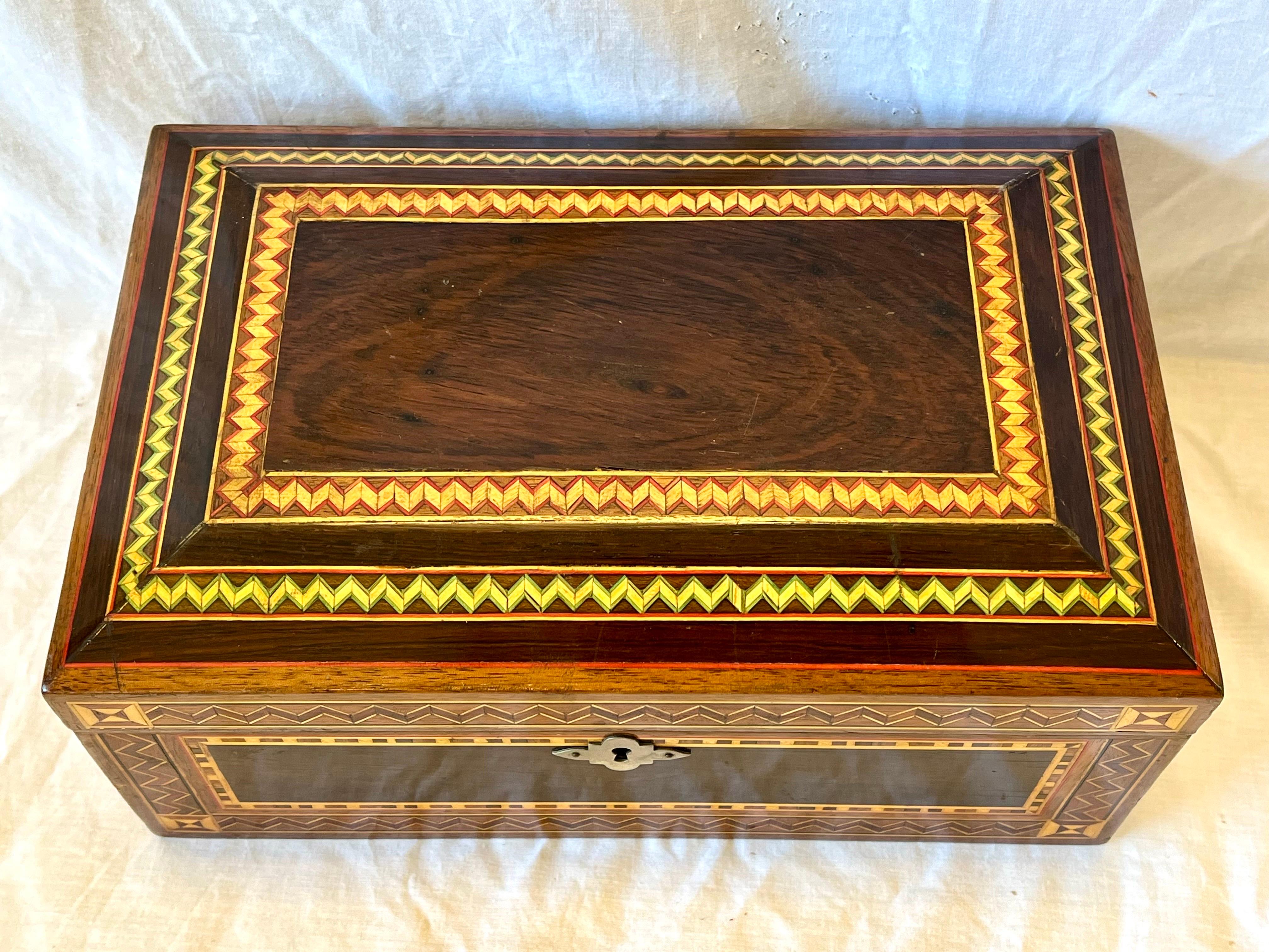Vintage Marquetry Wood Inlaid Jewelry Casket Box with Mirror and Velvet Interior In Good Condition In Atlanta, GA