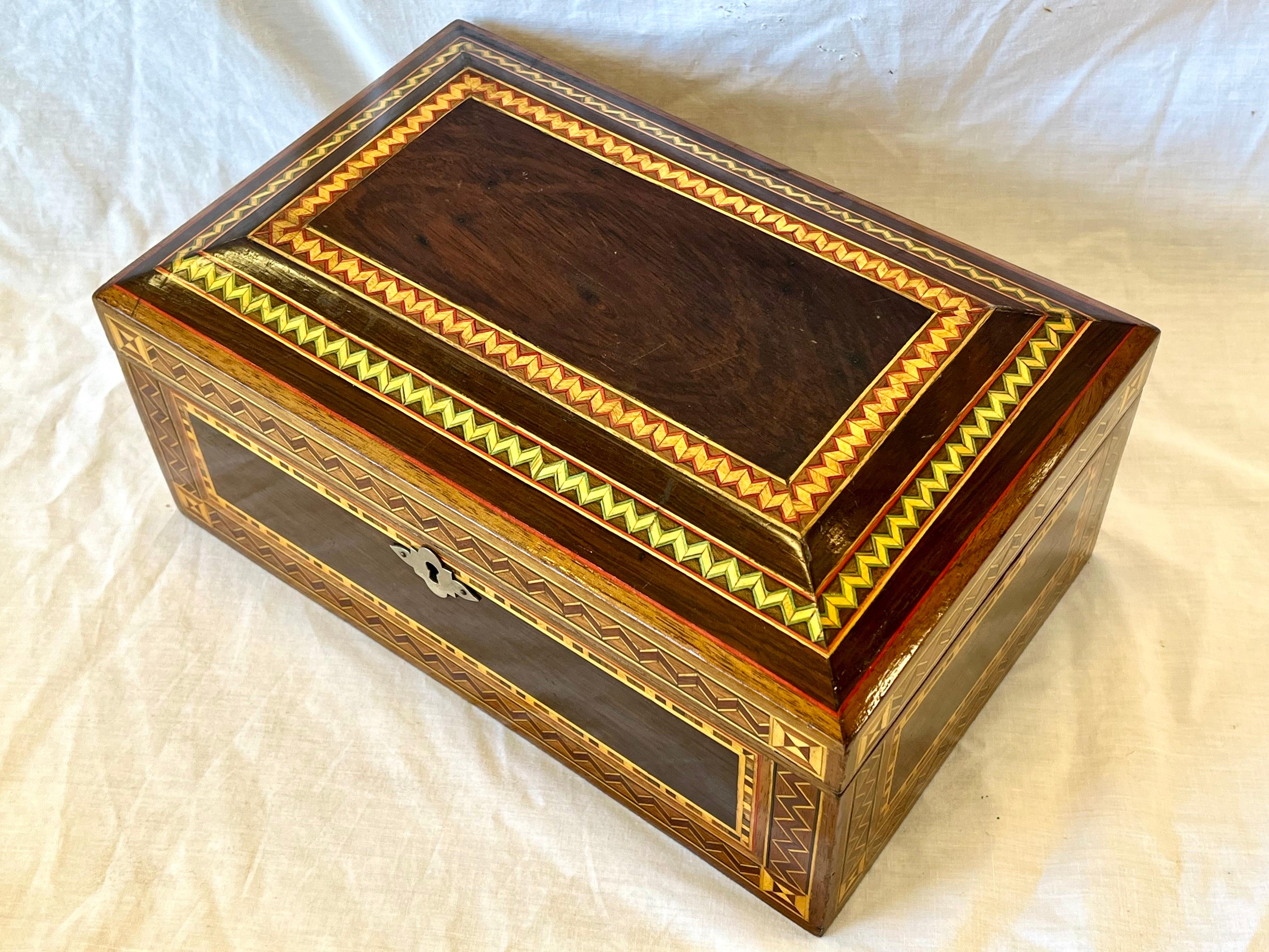 20th Century Vintage Marquetry Wood Inlaid Jewelry Casket Box with Mirror and Velvet Interior